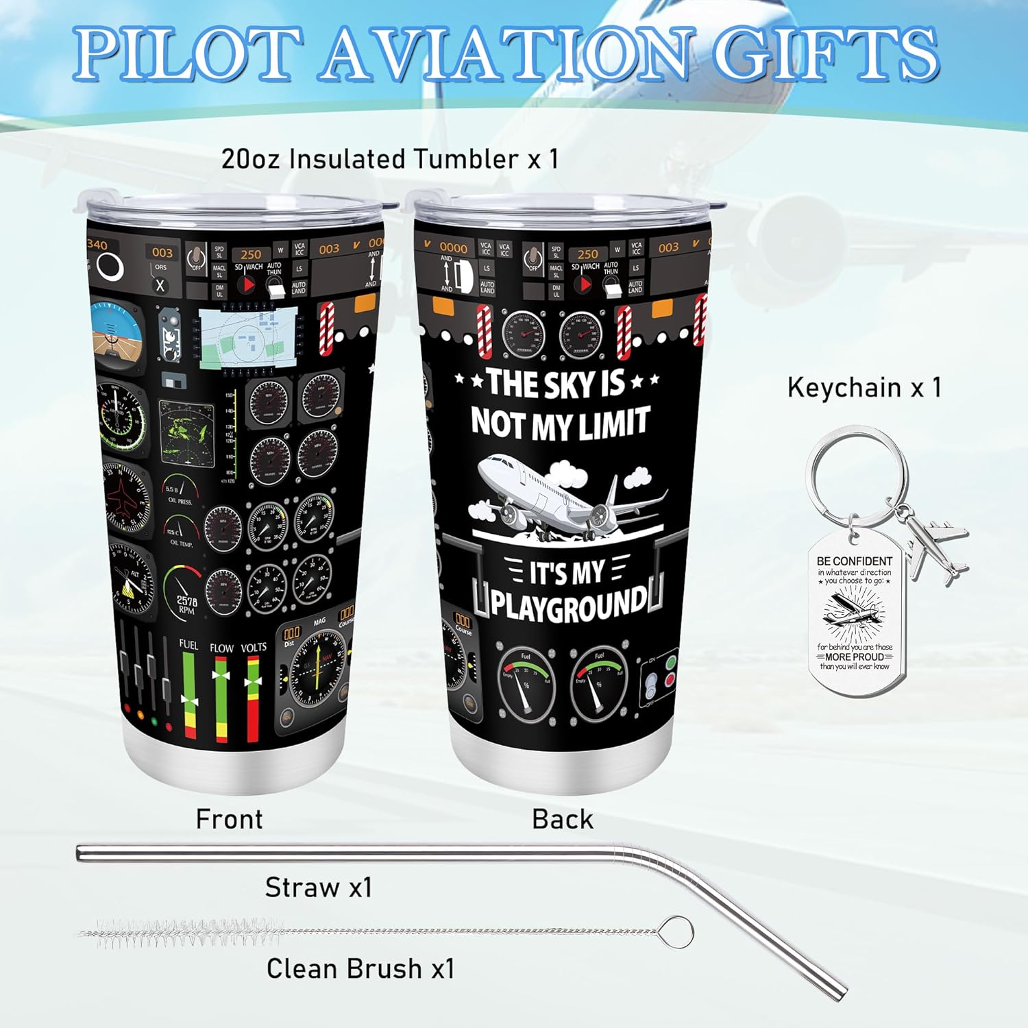 Pilot Aviation Gifts for Men - 2Pcs Pilot Gifts Set, 20Oz Insulated Tumbler, Airplane Keychain, Christmas Graduation Retirement Birthday Presents for Aviation Lovers Son Husband Dad - Image 2