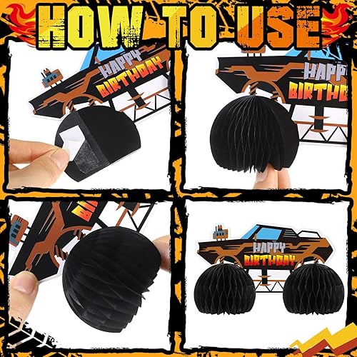 Miniatura 5 de Chivertion 9 piezas de decoración de fiesta de camión monstruo, camión monstruo, suministros de fiesta de cumpleaños, adornos de auto de panal de