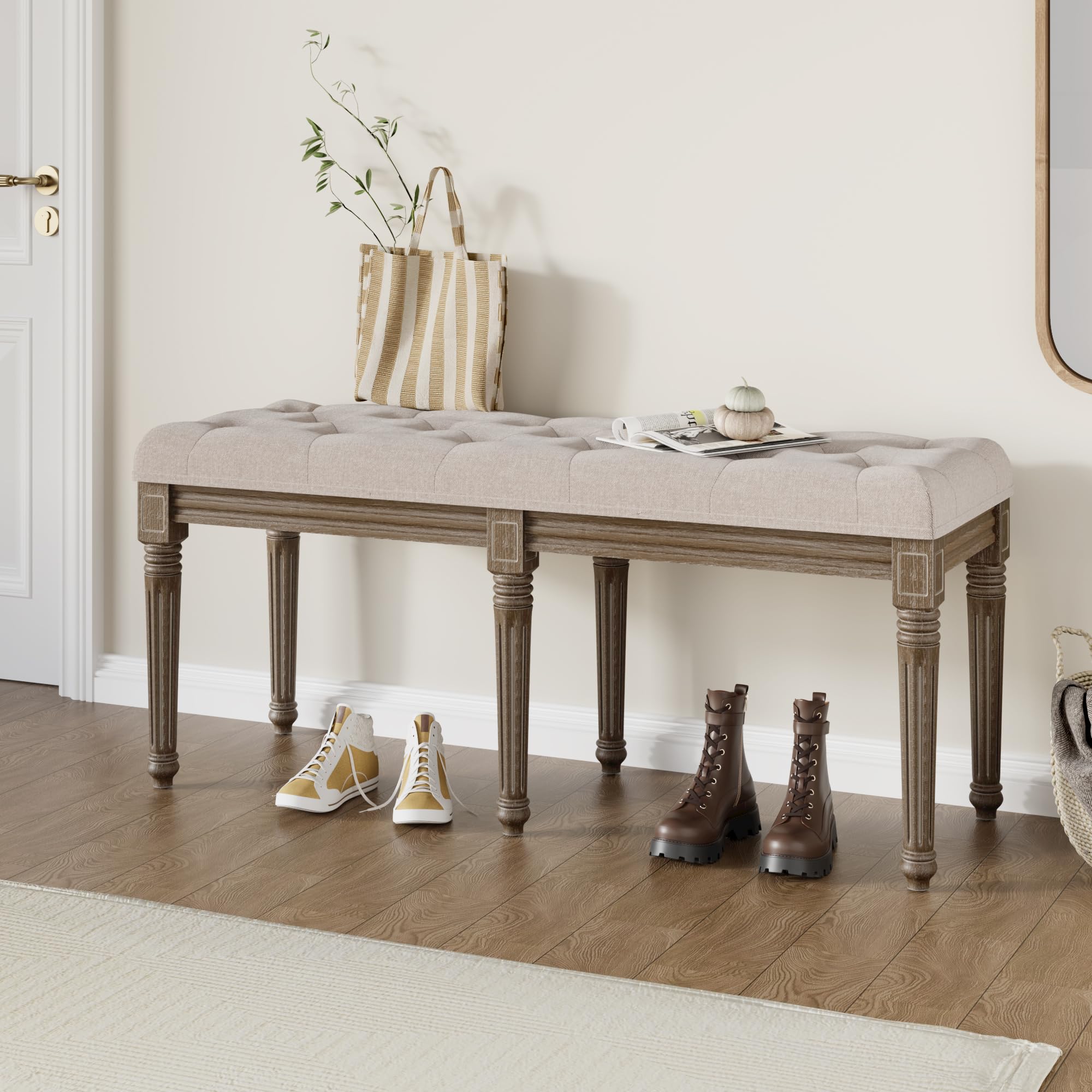 Banco tapizado, banco de 122 cm, banco con baúl de estilo vintage, banco de piano en estilo moderno, banco de zapatos con patas de madera, banco de cama con funda de tela, capacidad de carga 300 kg