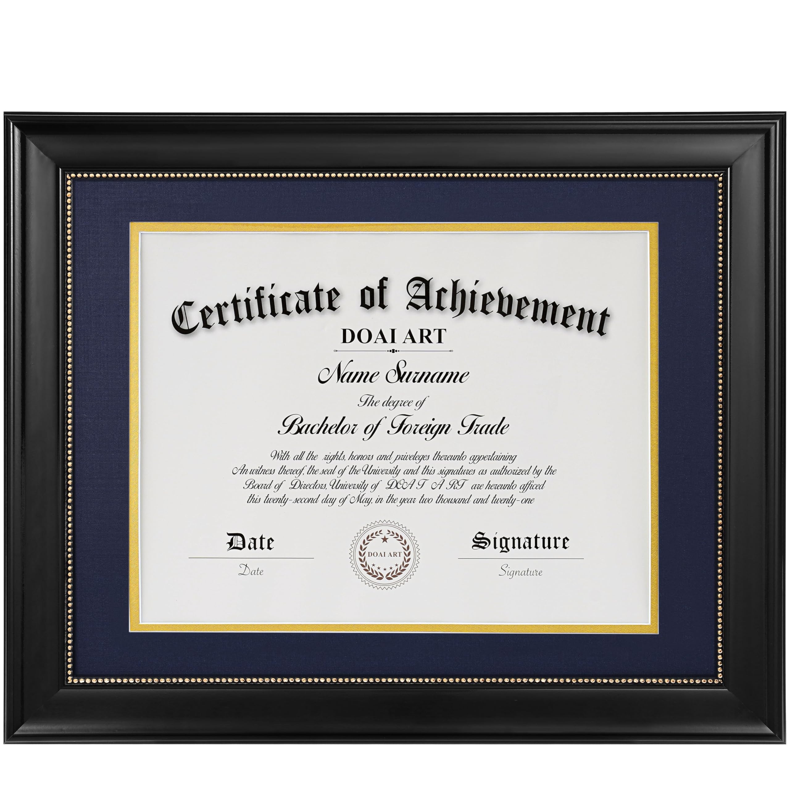 DOAI ART 8.5 x 11 Diploma Frame Classic Black Display 8.5x11-inch with Blue Over Gold Mat or 11x14 Document &Certificate Without Mat,Wide Molding, Gold Beads Hanging Hardware Included, Tabletop