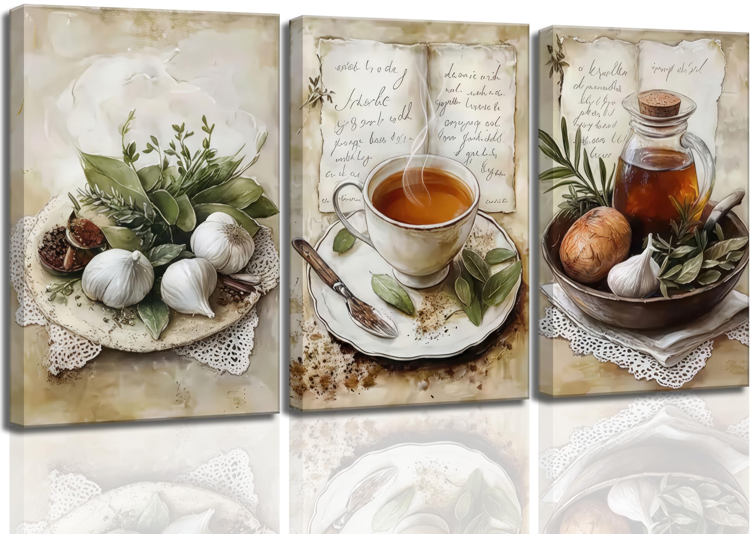Photo 1 of 3Pcs Vintage Country Kitchen Canvas Wall Art Rustic Olive Oil and Garlic Coffee Herbal Tea Painting Picture Wall Decor Poster Print Artwork For Kitchen Dining Room Home Decoration