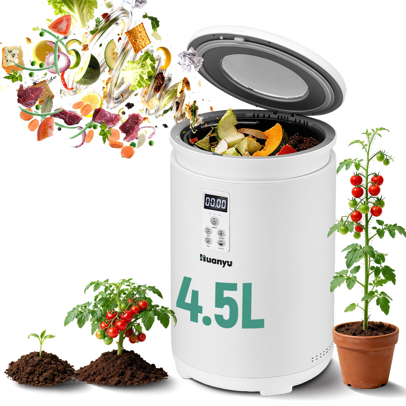 Huanyu Composteur électrique pour Cuisine 4,5 L Composteur électrique pour Cuisine Recycleur Alimentaire d'intérieur sans Odeur avec Fonction de Nettoyage Automatique Faible Niveau sonore