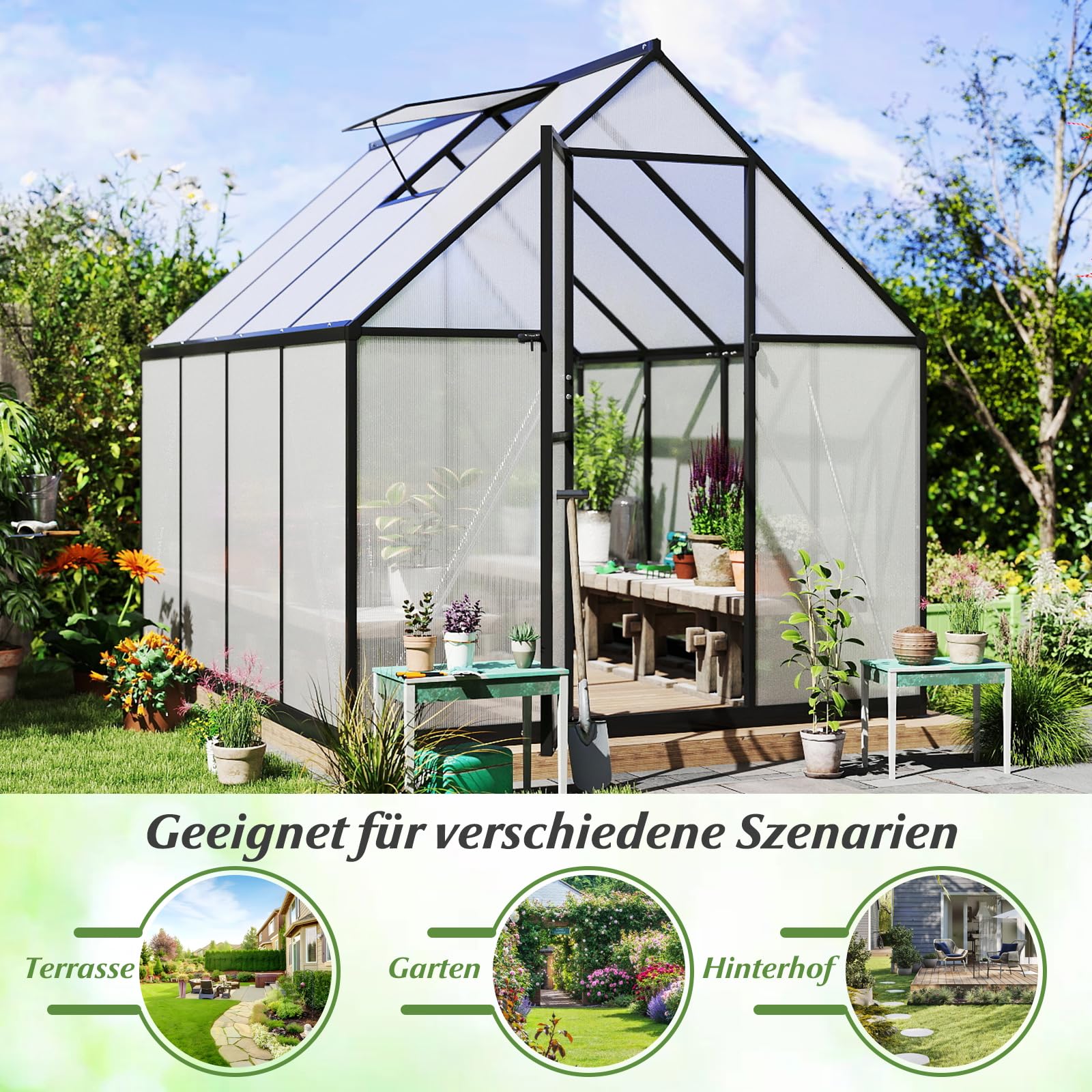 COSTWAY Gewächshaus mit Fundament, wetterfest aus Aluminimum, Treibhaus mit verstellbarem Dachfenster & Tür, 250 x 190 x 195 cm, Frühbeet und Pflanzenhaus für Tomaten Pflanzen, Outdoor Garten Balkon
