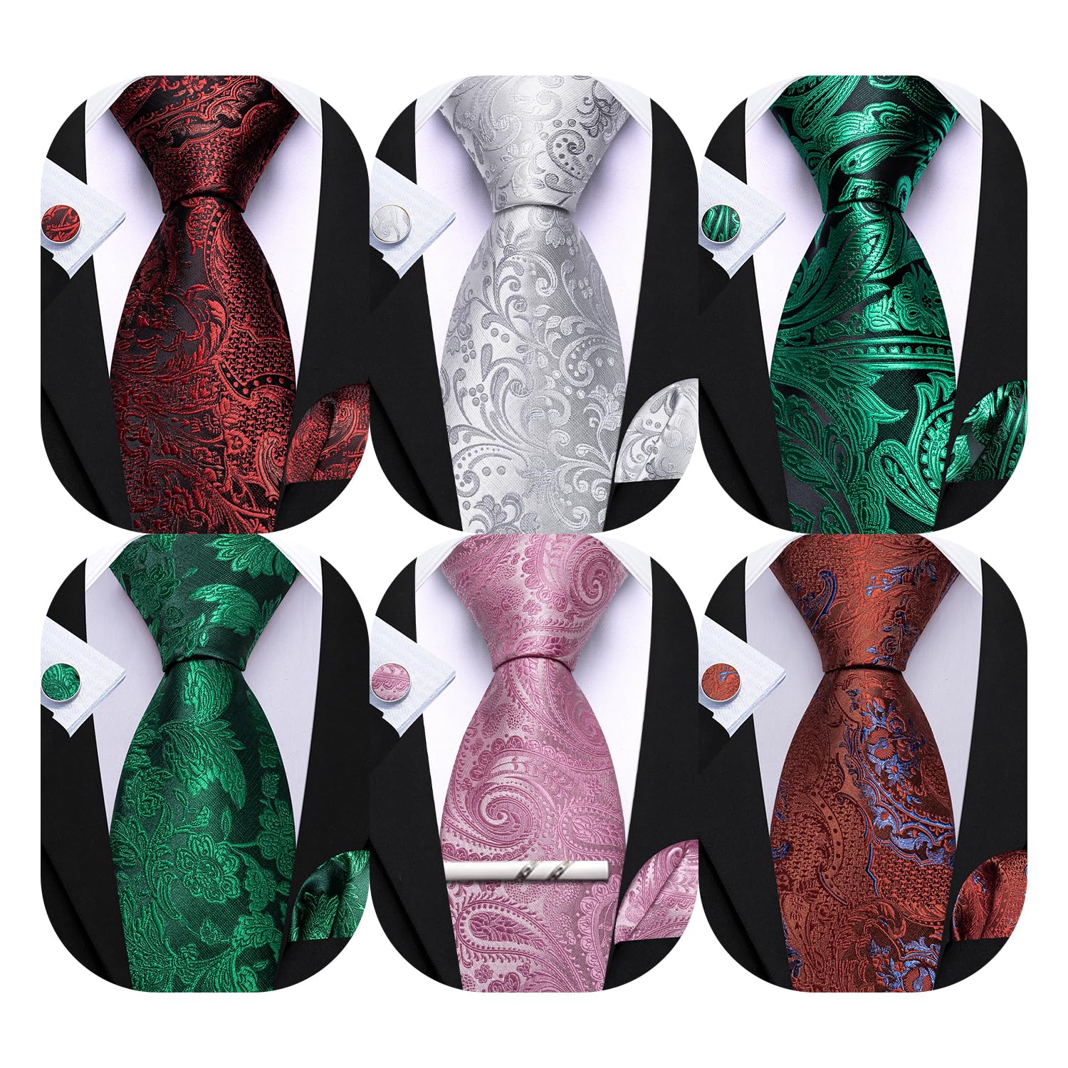 Barry.Wang Men 6PCS Tie Silk Gift Necktie Clip Woven Tie Sets Party