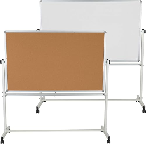 Vista 11 de EMMA + OLIVER Tablero de anuncios de corcho móvil reversible de 53 pulgadas de ancho x 59 pulgadas de alto y tablero blanco con bandeja