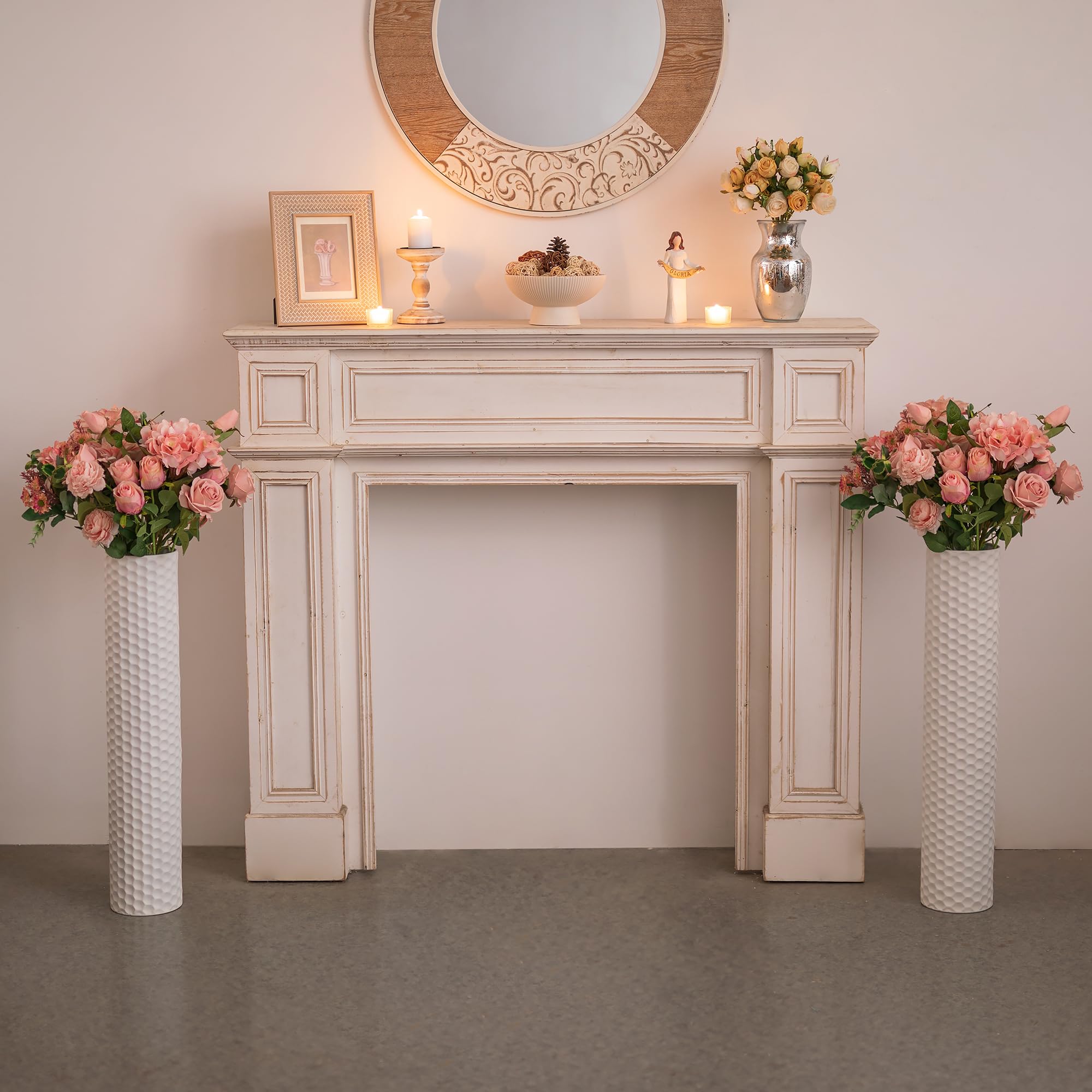 Sziqiqi Weiß Bodenvase Groß 70cm: Hoch Vasen Set aus 2 für Trockenblumen Pampasgras Kunstblumen - Metall Große Bodenvasen für Boden Kaminofen Sideboard Kommode Hauseingang Innen Home Deko | 70,1 cm extra großer Bodenständer mit Wabenstruktur, groß stehend