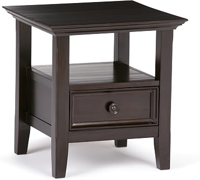 SIMPLIHOME Amherst End Table - 19 inch Wide Solid Wood Square Side Table with Storage Drawer and Open Shelf in Hickory Brown, Transitional Nightstand or Lamp Stand for Living Room or Bedroom