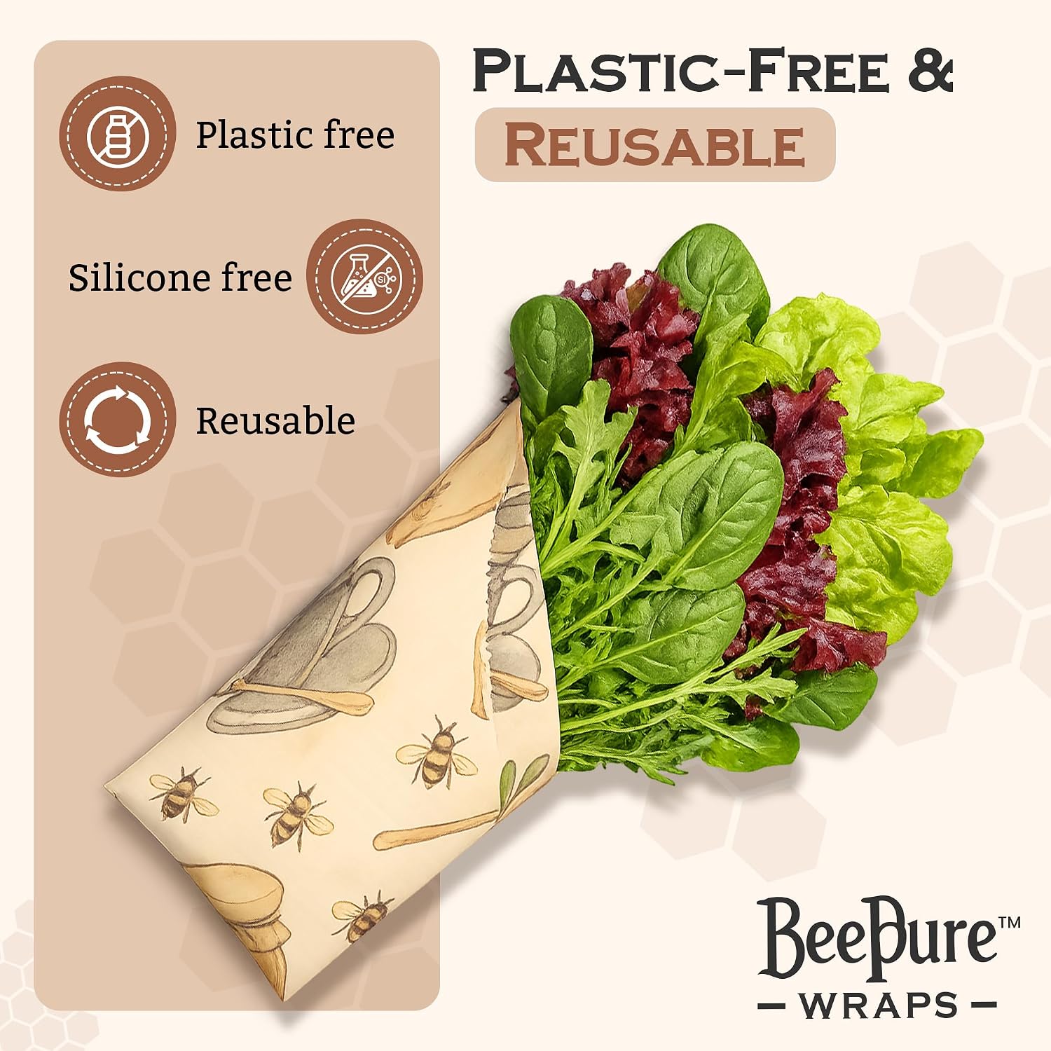 Reusable Beeswax Food Wrap Roll - Cut-to-Size 15 x 80 in, Eco-Friendly Food Storage Wrap, Bees & Tea Teapot Honey Jar Design