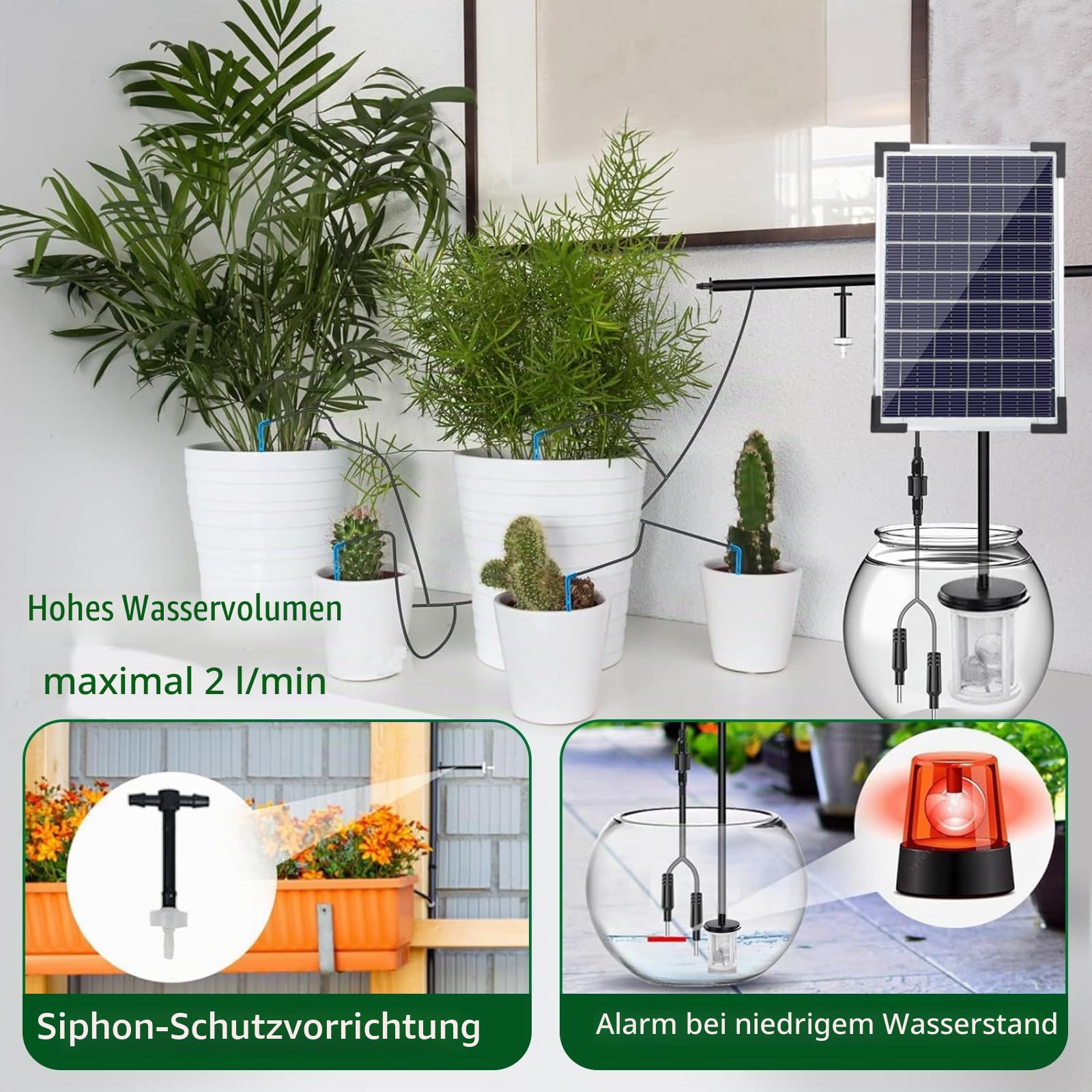Garten Drip Bewässerung System Solar Powered,5W automatische Solar Drip Bewässerung Kit Bewässerung System, Anti-Siphon Design für Topfpflanzen Gewächshaus,Timing Modes Bewässerung Geräte