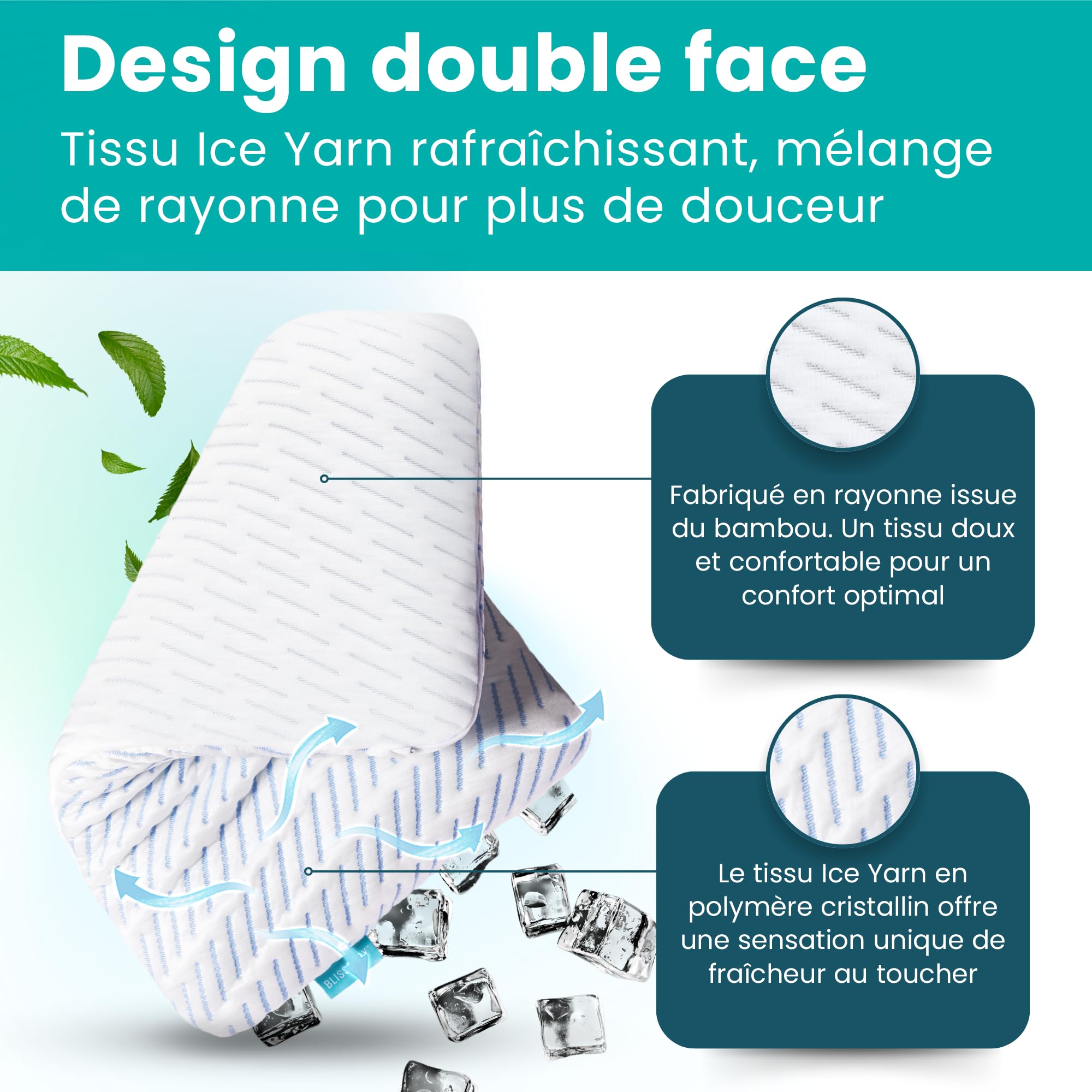 BLISSBURY Oreiller rafraîchissant en Mousse à mémoire de Forme – 6,6 cm d'épaisseur – pour Les dormeurs sur Le Ventre et Le Dos – Grand lit – Housse Amovible Cool-Tech certifié CertiPUR-US