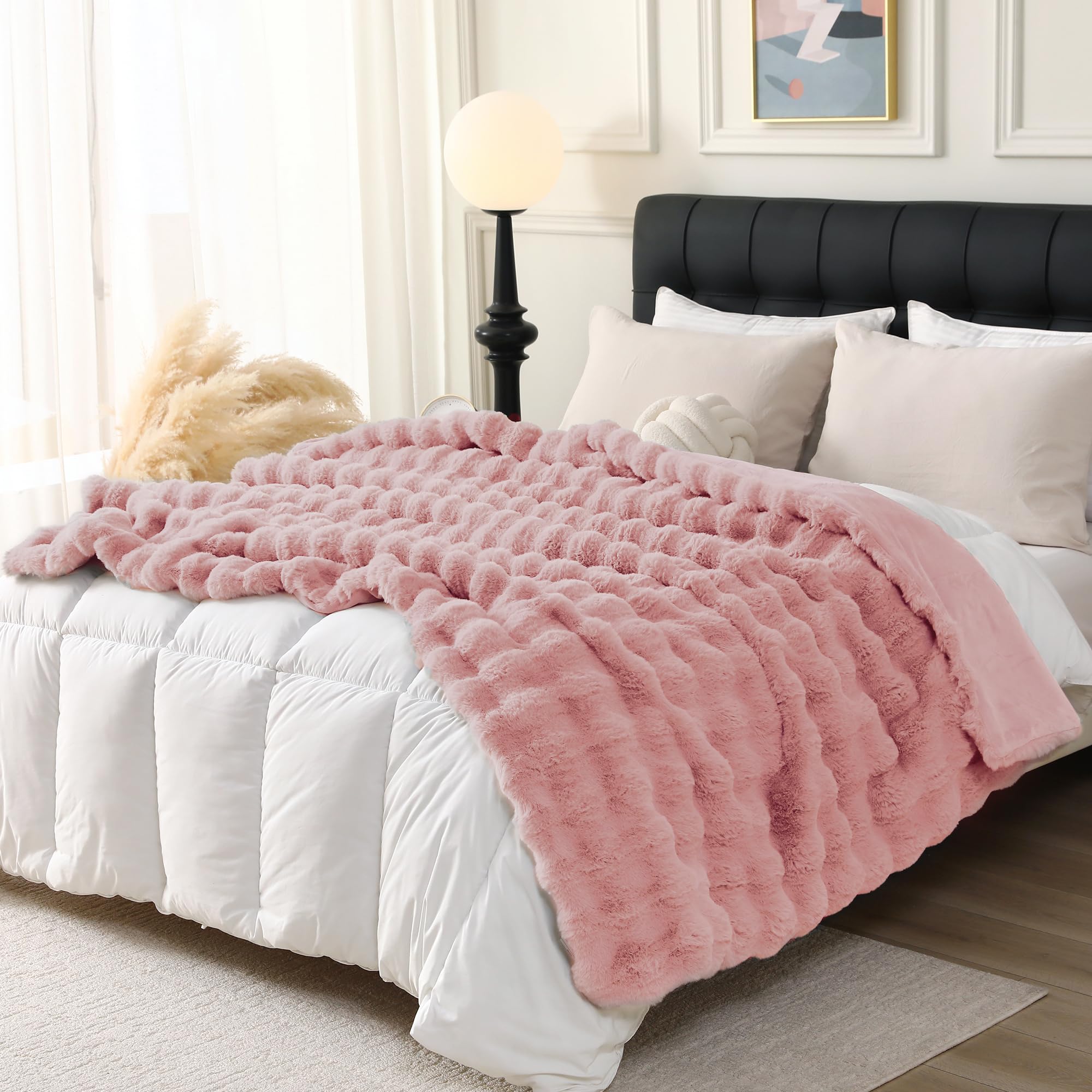 DREAMLANDING Faux Rabbit Fur Luxury Plush Sherpa Throw Blanket Reversible Fuzzy Warm Cozy Fluffy Fur Blanket for Bed Sofa Couch Home Decor (Pink, 150 * 200cm)