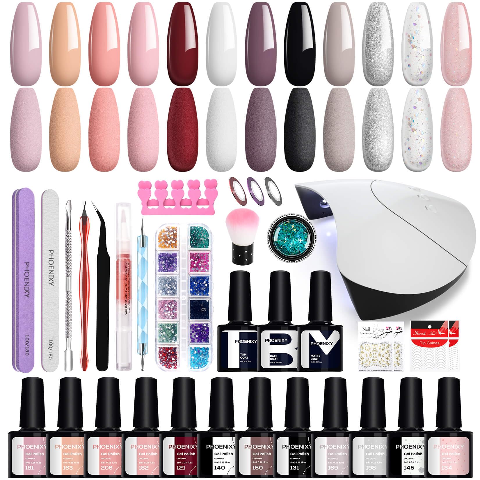Kit Semipermanente Unghie Phoenixy 12 Colori Kit Unghie con 36W Lampada U V/LED Kit Unghie Gel Completo con Base Top e Matt Coat Gel Semipermanente Unghie