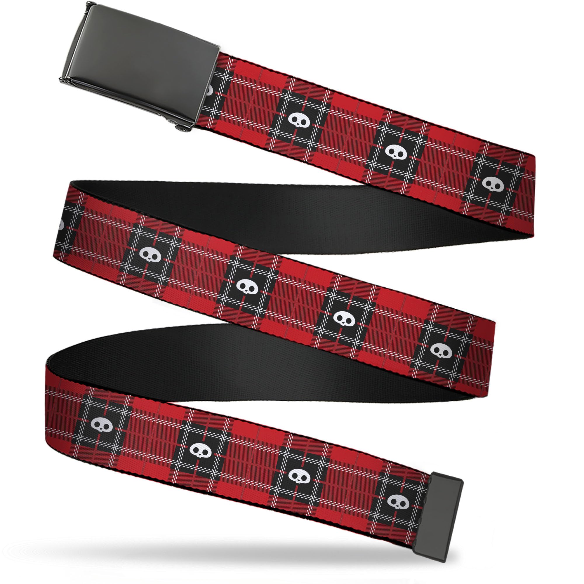 Buckle-Down Skelanimals Belt, Flip Web Belt Skelanimals Face Logo Plaid Red Black White