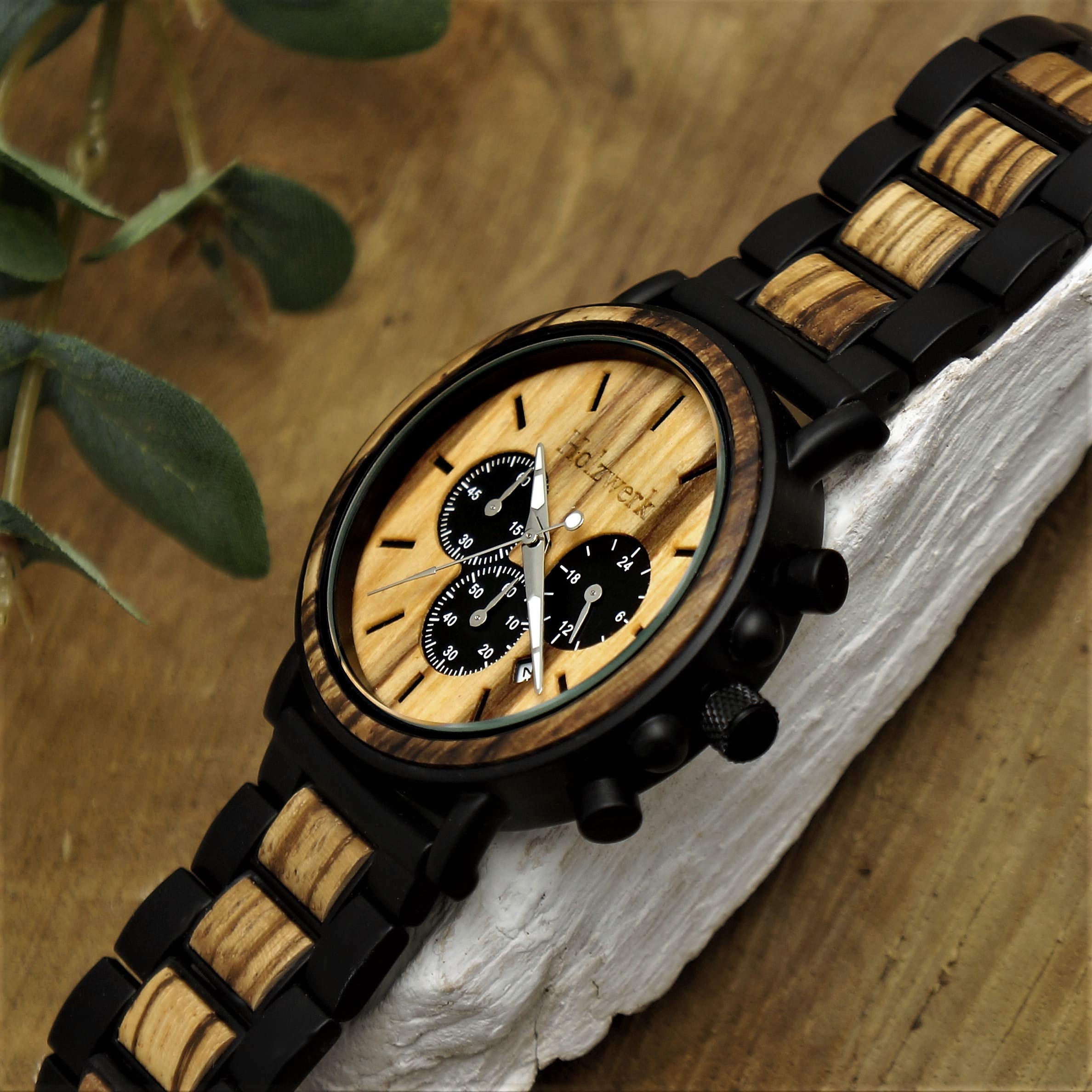 Handmade Holzwerk Germany® Designer męski zegarek ekologiczny naturalny drewniany zegarek chronograf zegarek na rękę analogowy zegarek kwarcowy brązowy czarny data drewno cyferblat,
