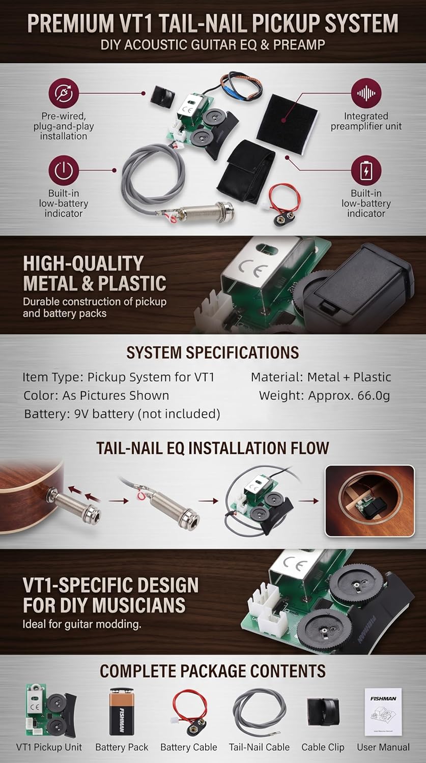 Acoustic Guitar Pickup System, VT1 Tail Nail Pre Wired Plug and Play Pickup with Low Battery Indicator and Preamplifier for DIY Guitar Accessory