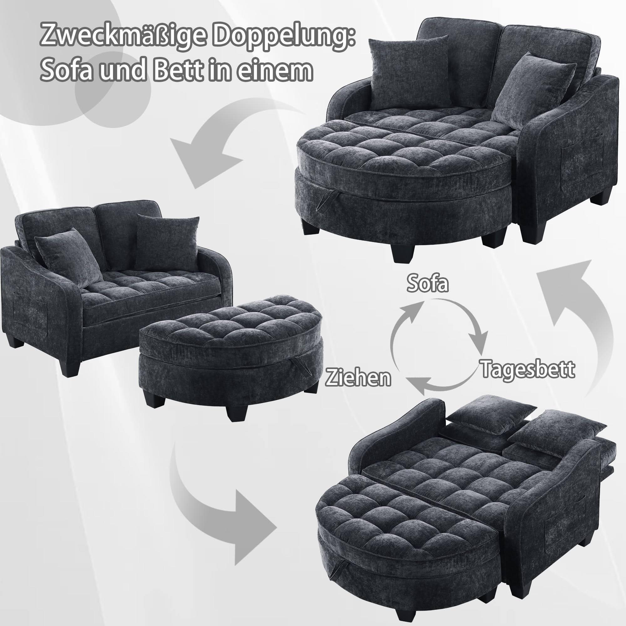 Modulares Schlafsofa aus weichem Chenillestoff, Sofa mit Schlaffunktion, Aufbewahrungs-Hocker, Schlafsofa mit Verstellbarer Rückenlehne und Kissen, für kleine Wohnzimmer, Studienzimmer, Schlafzimmer