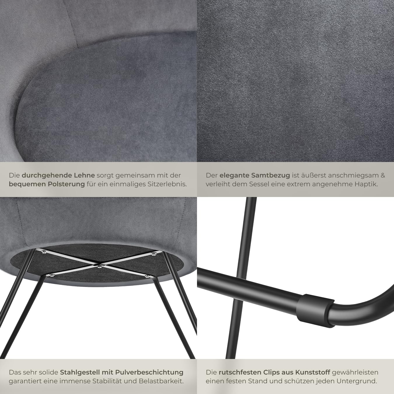 tectake® runder Samt Sessel, Cocktailsessel, Lesesessel mit durchgängiger Rückenlehne, Sessel Wohnzimmer, Polsterstuhl skandinavisch, Relaxsessel, Loungesessel, Esszimmermöbel - Samtoptik anthrazit