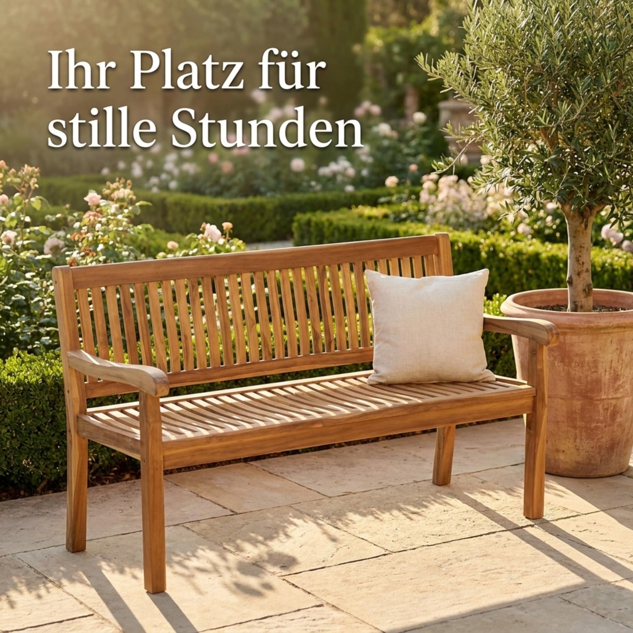 SAM Premium Gartenbank Kingsbury 3-Sitzer 150 cm, Gartenbank aus Teakholz massiv mit ergonomischer Sitzfläche und Armlehnen, wetterfeste Holzbank für Garten Terrasse Balkon, Sitzbank lackiert
