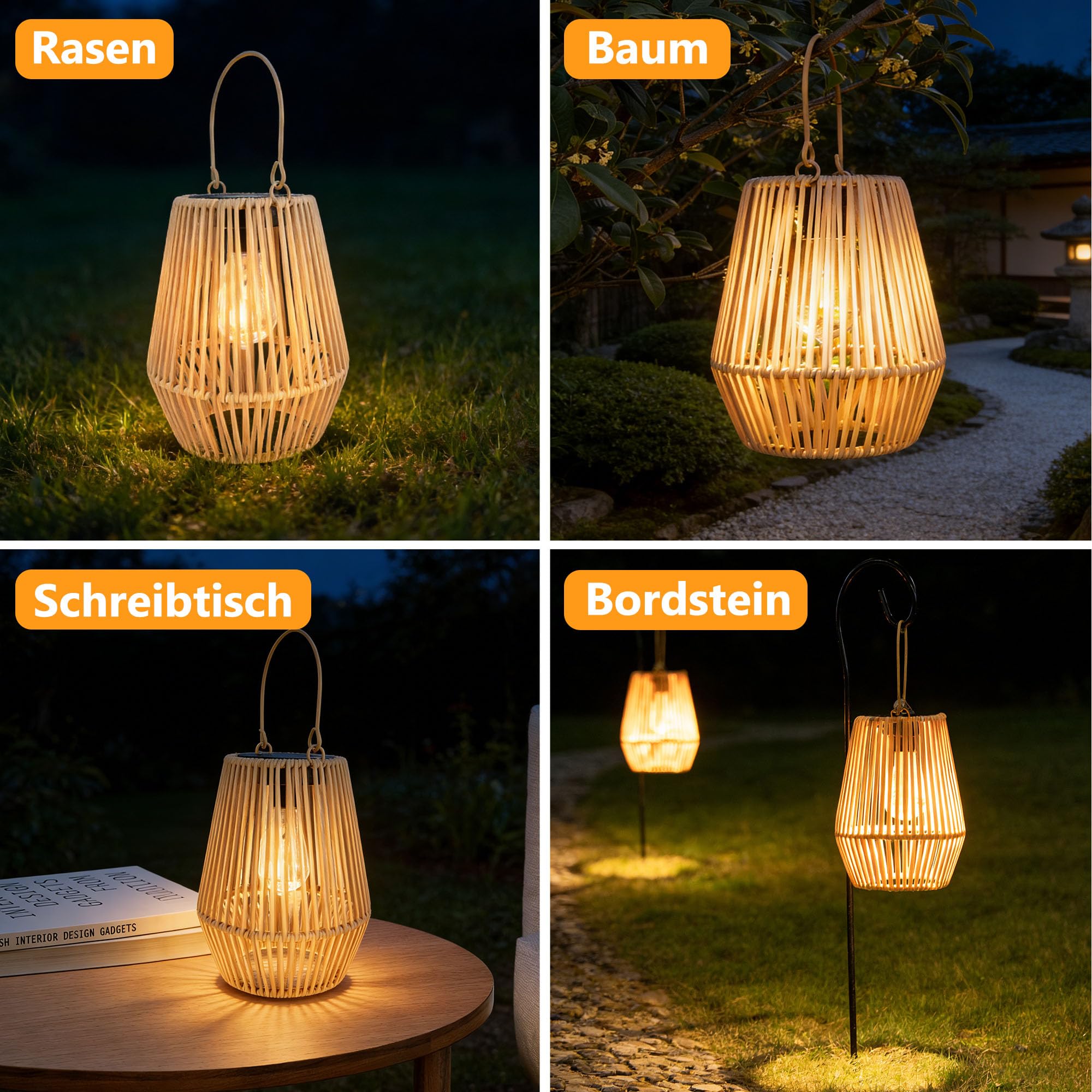 Solar Laternen für Außen 2 Stück Handgewebtes Rattan IP65 Wasserdicht Hängend Solarlaterne Garten Balkon Deko