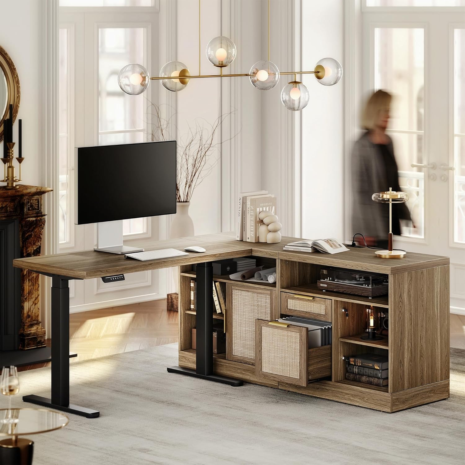 Height Adjustable Electric Standing Desk, 48 x 24 Inches Sit Stand up Desk with 2 File Cabinets, AC/USB, 1.18" Desktop, L Shaped Rattan Computer Desk for Home and Office, Natural Oak