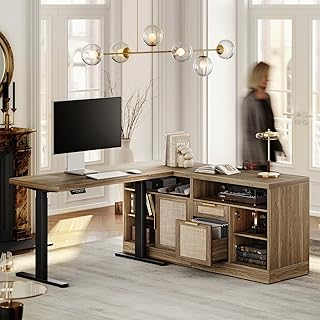 Height Adjustable Electric Standing Desk, 48 x 24 Inches Sit Stand up Desk with 2 File Cabinets, AC/USB, 1.18" Desktop, L Shaped Rattan Computer Desk for Home and Office, Natural Oak