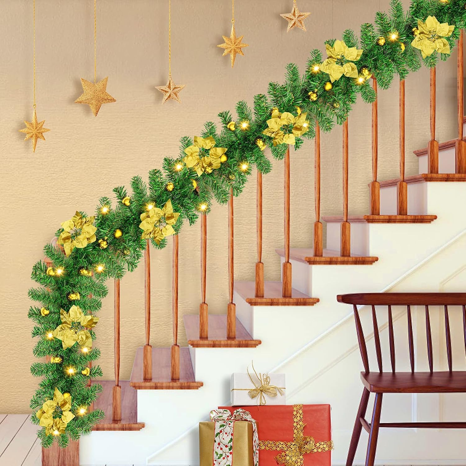 Guirnalda Navidad, Corona navideña de 2,7 m, 200 Ramas, con Bayas Rojas y Agujas de Pino Blanco,Decoracion Navidad para Chimenea con escalones de jardín (Oro)