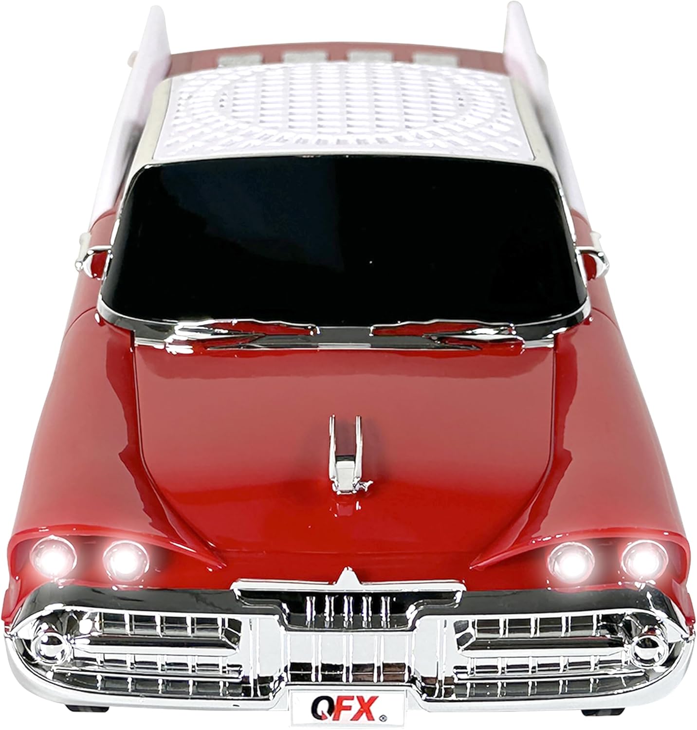 QFX Bluetooth 1959 Retro Classic Car Speaker, Dual 2-inch Speakers, Hands-Free Link, Built-in Microphone, FM Radio, and LED Party Lights, Red - BT-1959-RED