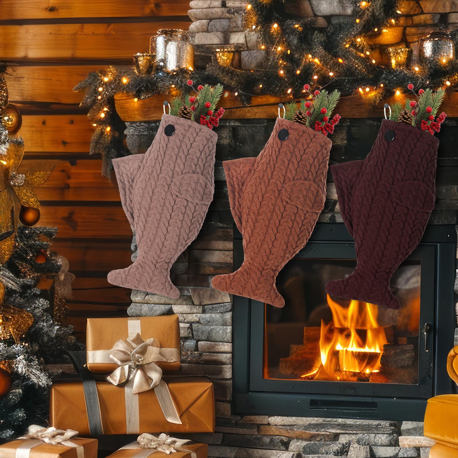 Coume Lot de 3 grandes chaussettes de Noël tricotées de style bohème à suspendre pour cheminée, arbre, cadeau, chaussettes de Noël pour fêtes de Noël (série marron, tricot)
