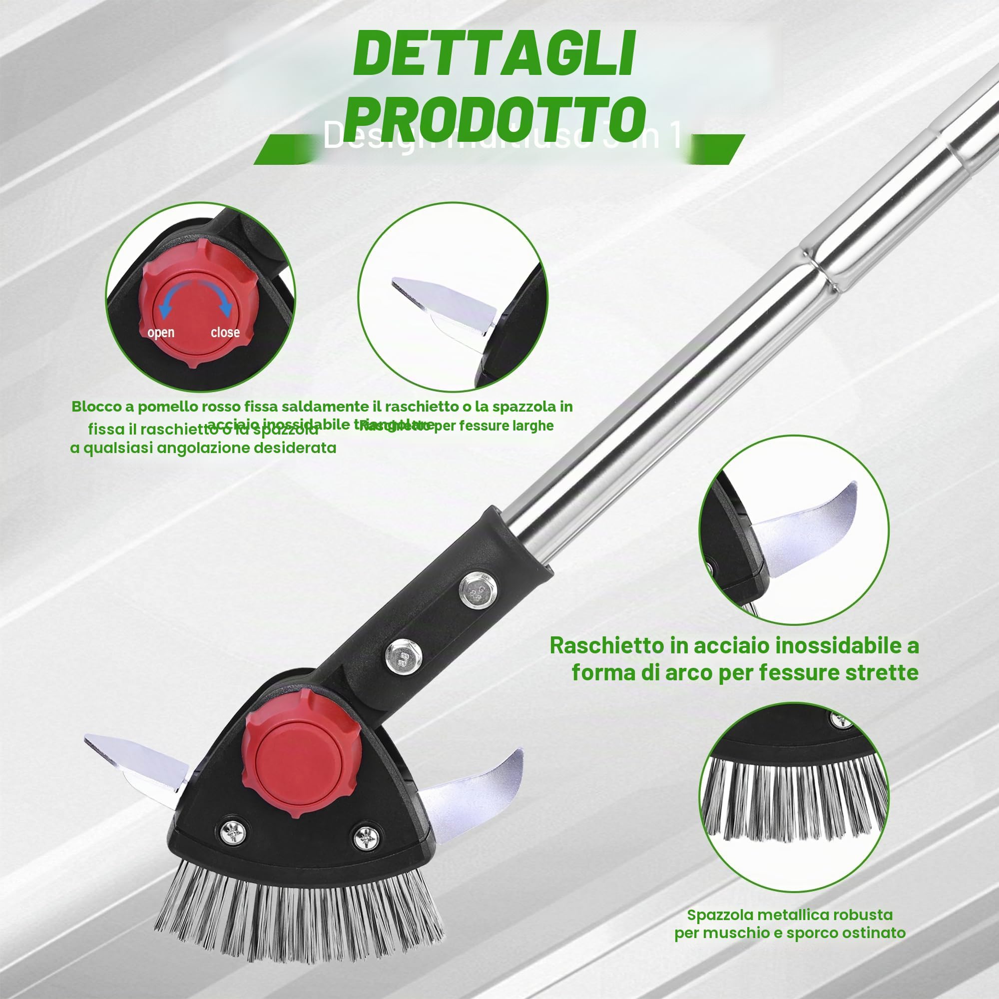 BARAYSTUS Estirpatore Erbacce Manuale 3 in 1, con manico regolabile, spazzola e 2 raschietti in acciaio inox, per rimuovere erbacce e muschio da giunti e vialetti
