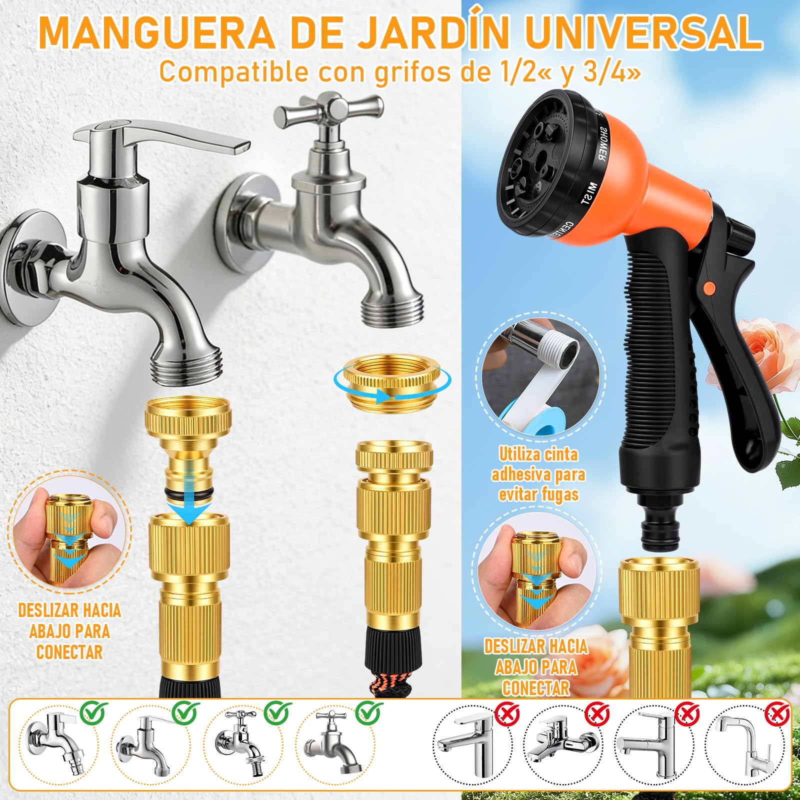 Manguera Extensible 30M/100FT, Manguera de Jardín Extensible Pistola de Riego con 8 Funciones Pistola Hose Con 3/4" y 1/2" Accesorios de aleación de zinc. el Riego de Plantas Hortícolas (Naranja) — view 2