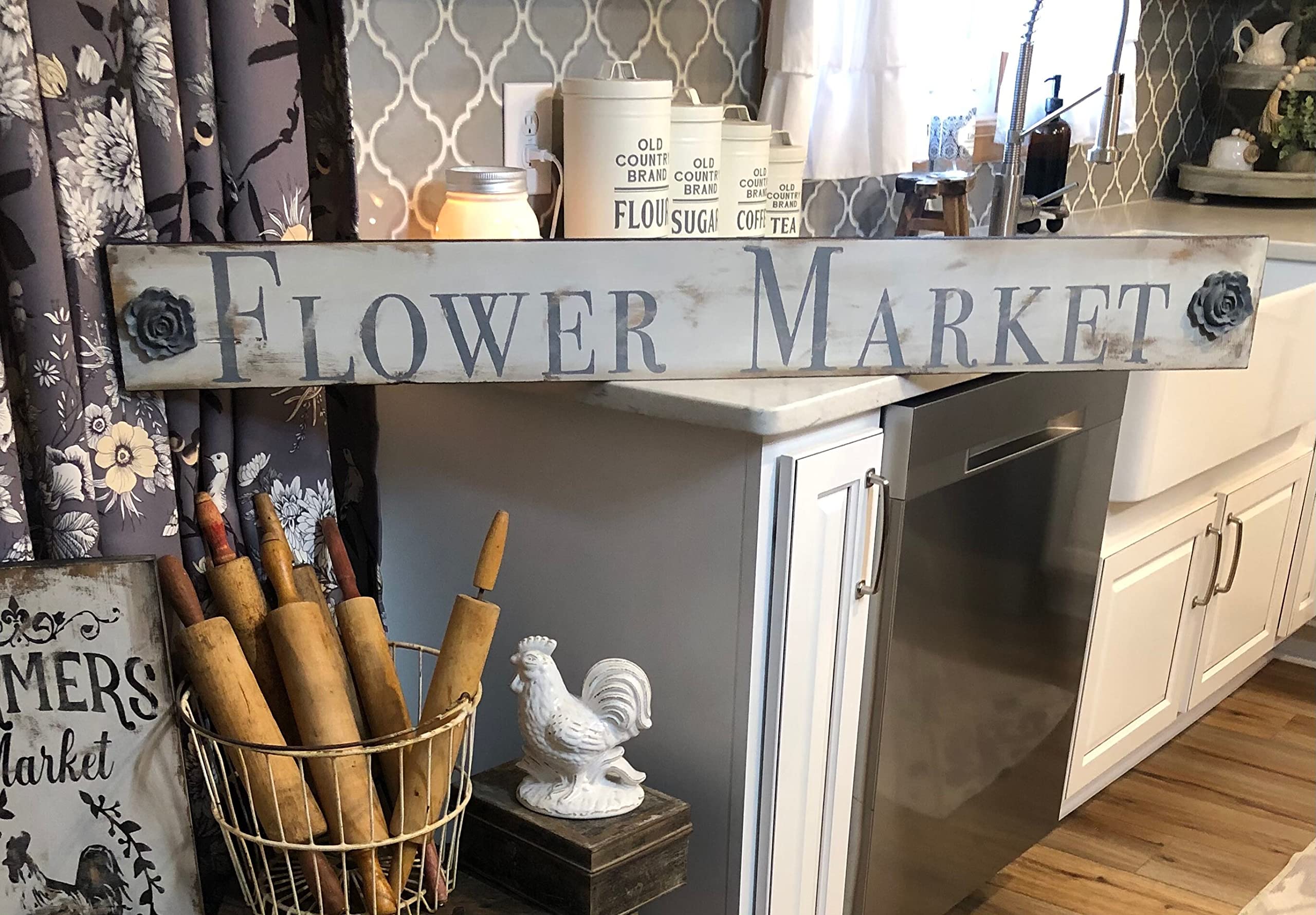 Szhmz Colour-502 Flower Market Sign/Farmhouse Country Sign/French Decor/Rustic Decor/French Country Flower Market Sign Decor Metalen Signs With Sayings 4X16 Inch