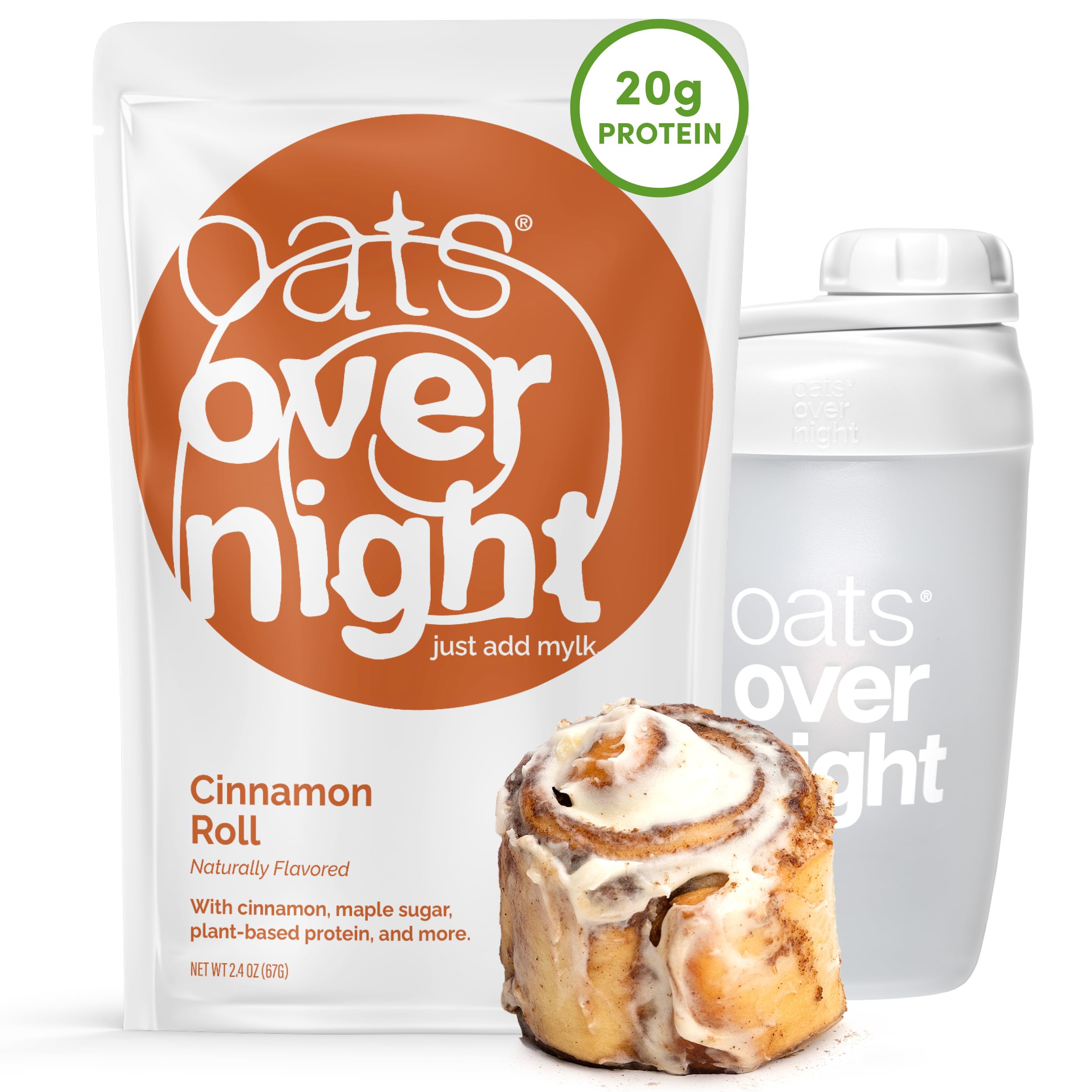 Oats Overnight Cinnamon Roll - Vegan Overnight Oats with 20g Protein, High Fiber Breakfast Protein Shake - Gluten Free Oatmeal, Non GMO High Protein Oatmeal (2.3 oz per meal) (8 Pack + Shaker Bottle)
