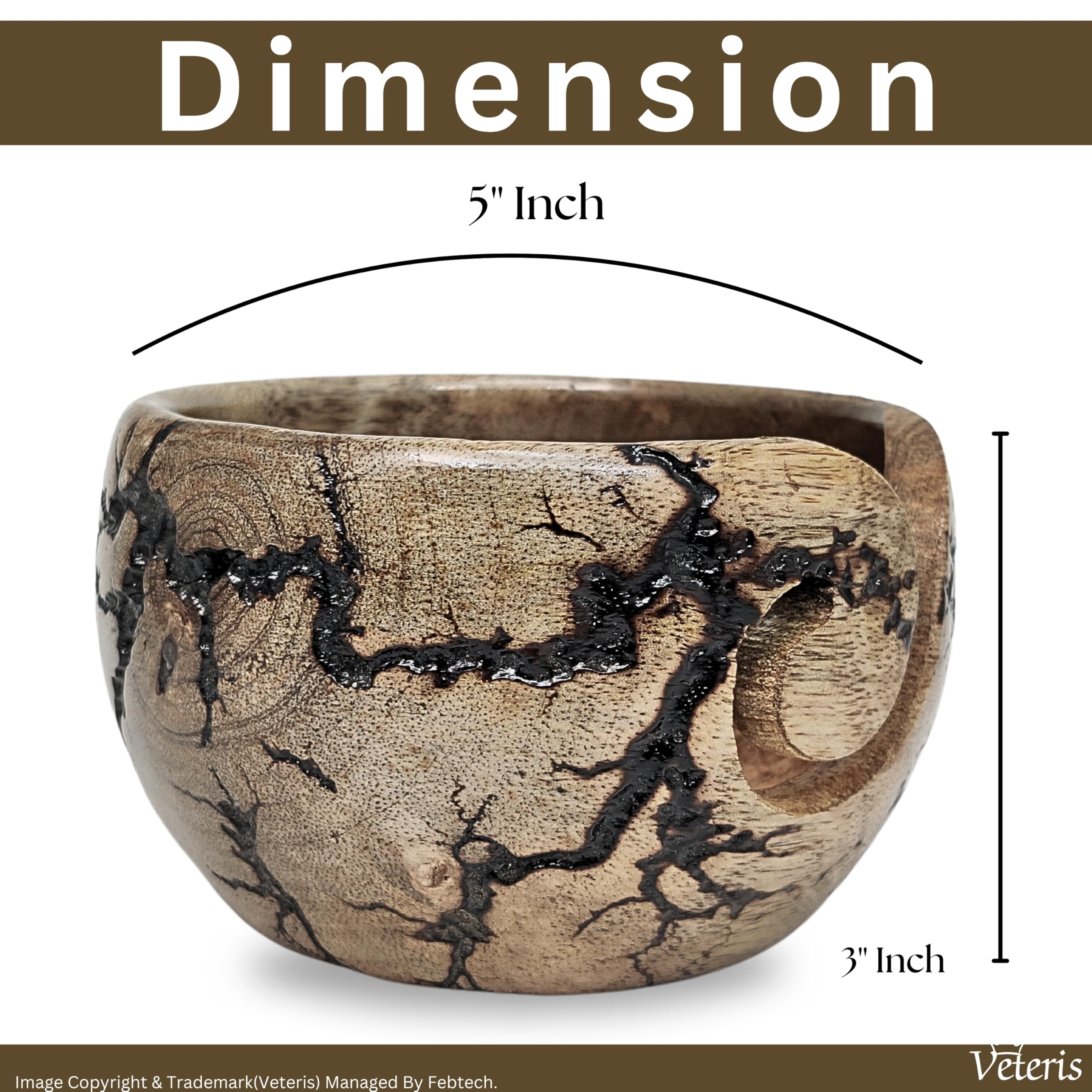 VETERIS Handcrafted Wooden Yarn Bowl - Large Decorative Lichtenberg Figure Crochet Bowl with Yarn Holder for Knitting & Crocheting