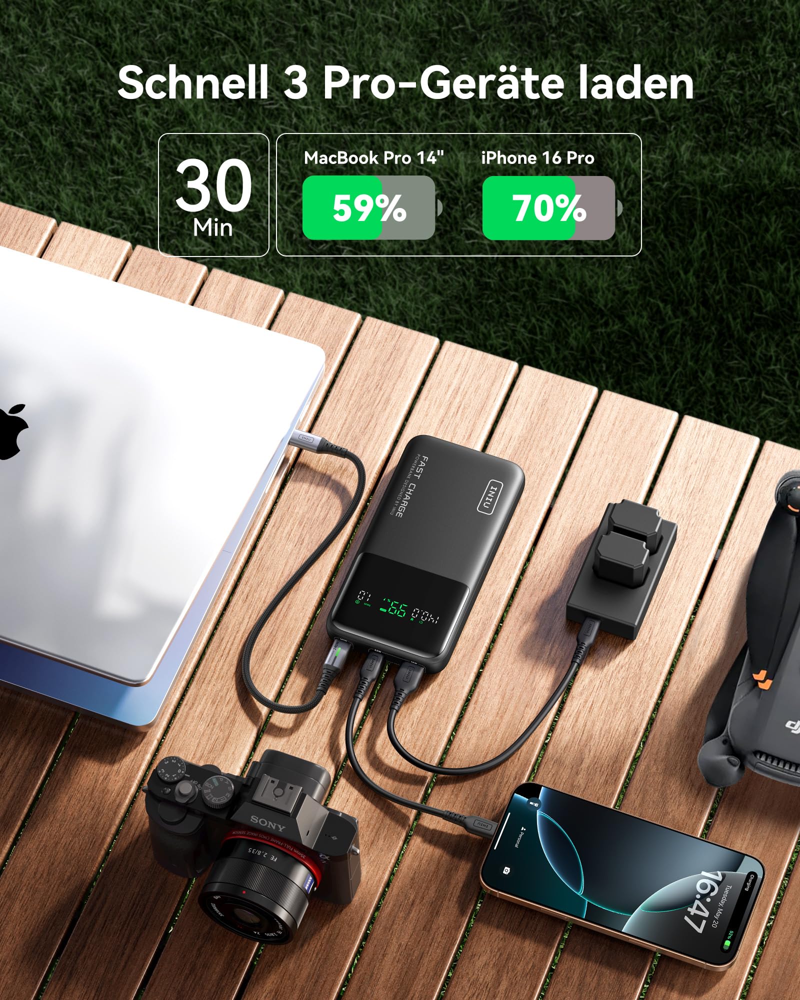 INIU 140W Laptop Powerbank, 27000mAh Flugzeug-geeignet Hochkapazität USB C Powerbank mit Kabel & Display, 3-Port Schnelllade Externe Akku für MacBook Steam Deck iPhone iPad iPhone Samsung Travel