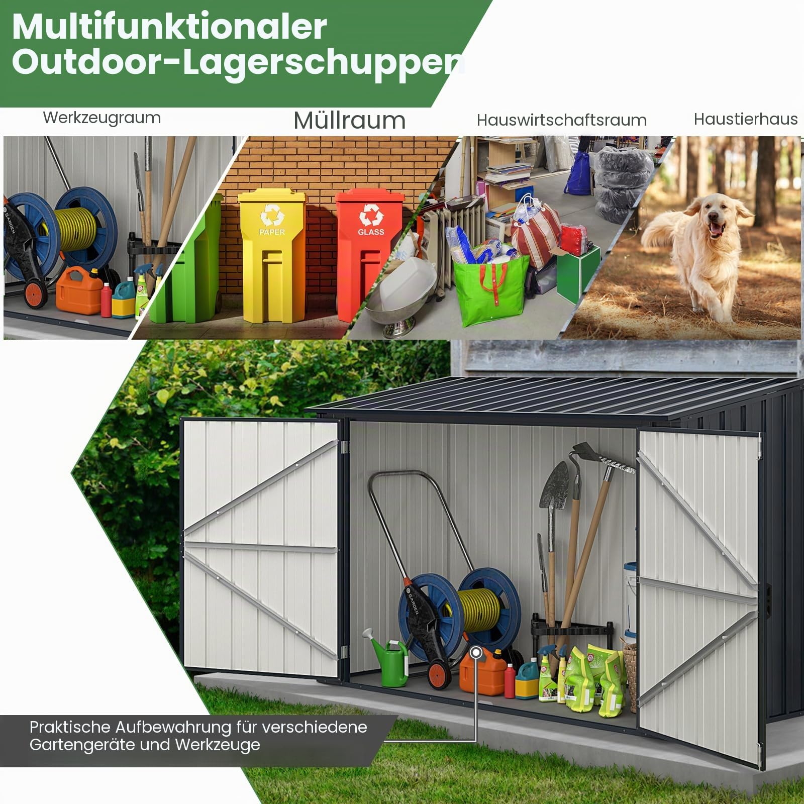 HOMASIS Mülltonnenbox für 2 x 120 L Mülltonnen, 1,9 m³ Gerätehaus Metall, wetterfest Geräteschuppen mit Doppeltür & Klappdeckel, abschließbar Gartenbox Müllbox dunkelgrau, inkl. 2 Handschuhen, Grau