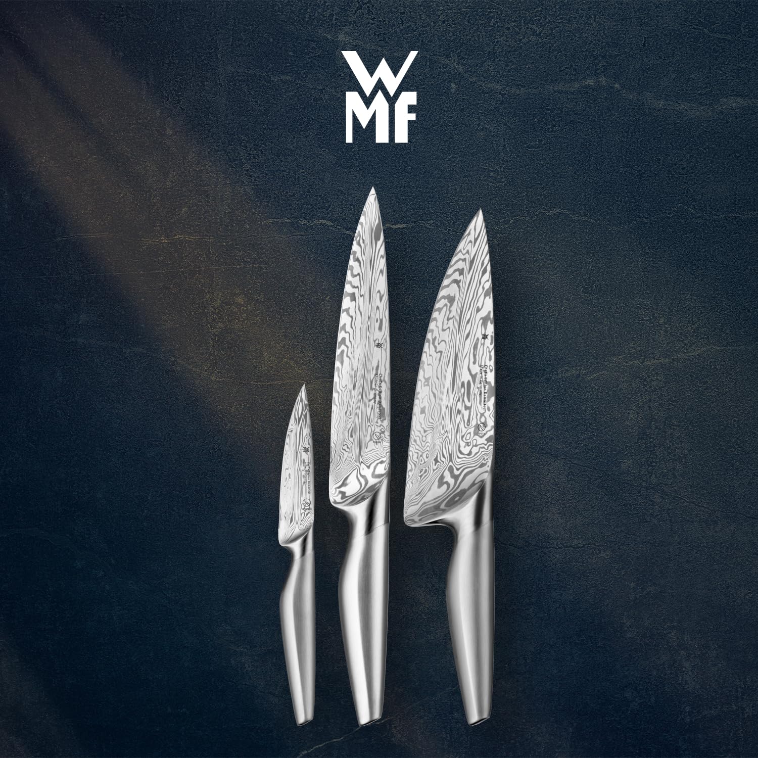 WMF Chef´s Edition Damasteel Messerset 3teilig, Made in Germany, 3 Messer geschmiedet, Küchenmesser, Performance Cut, Damaststahl 120-lagig, Holzbox