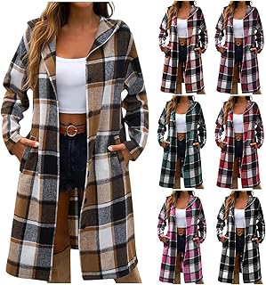 KODMNSW Wool Coat Women's Long Winter Jacket Fleece Jacket Checked Retro Duffle Coat Fleece Warm Hooded Jacket Fleece Coat Winter Coat Cardigan Trench Coat Woman Winter Coat with Button