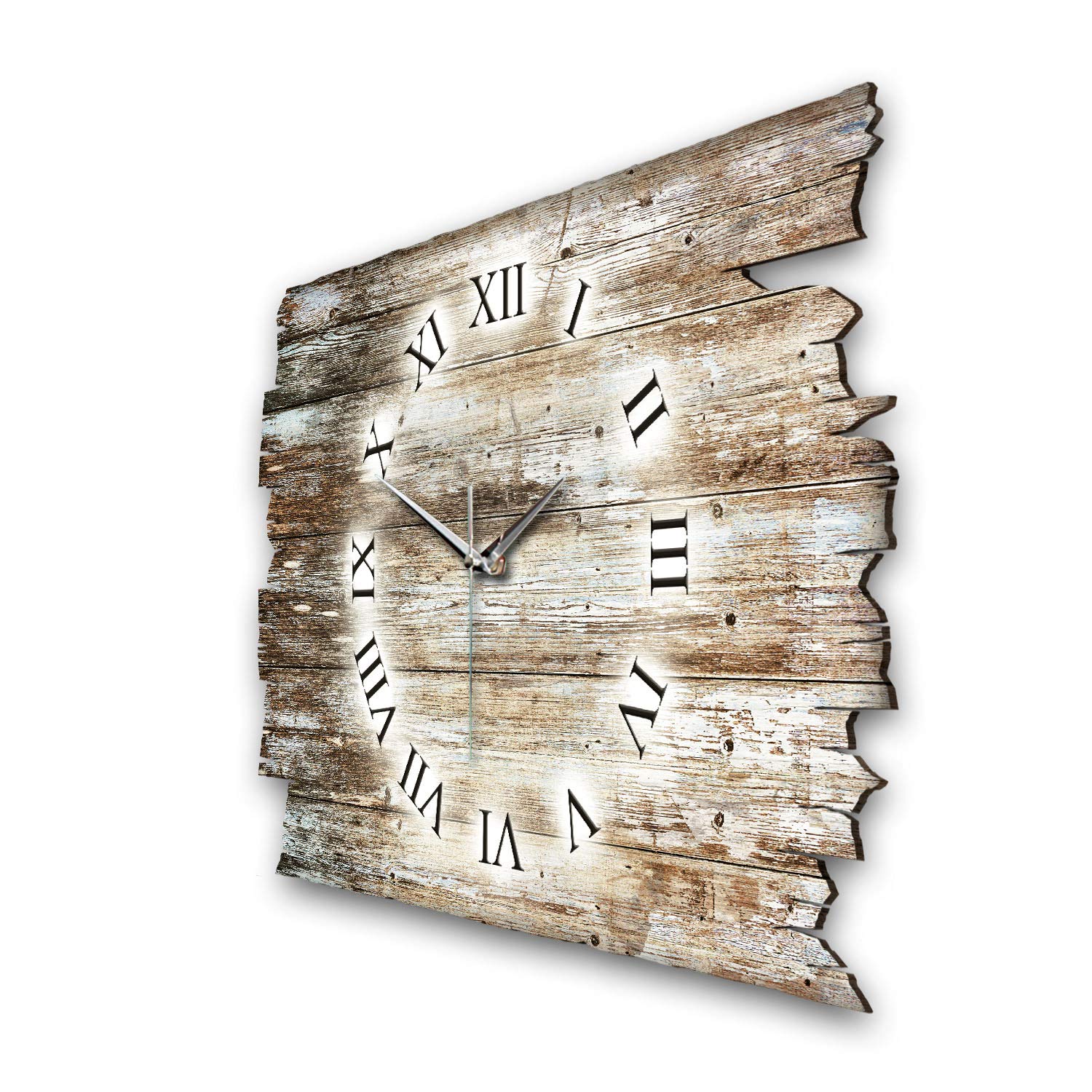 Kreative Feder Designer Wanduhr Holz-Design aus Holz Größe 40x27cm - Wanduhr im Landhaus-Stil Shabby-Style Made in Germany leise ohne Ticken (Holz-Design, leises Funkuhrwerk)
