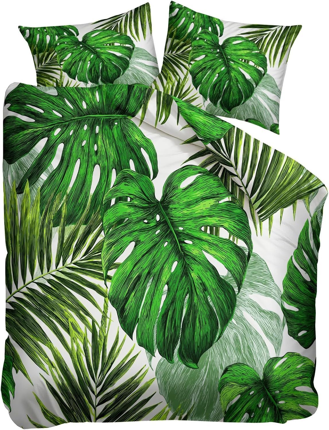 Funda Nórdica Cama 180 Hojas De Monstera y De Palmera Reversible Funda de Edredón 135 x 200 cm Follaje Selvático Juego de Ropa de Cama 3 Piezas en Microfibra Transpirable con 2 Fundas d-1148