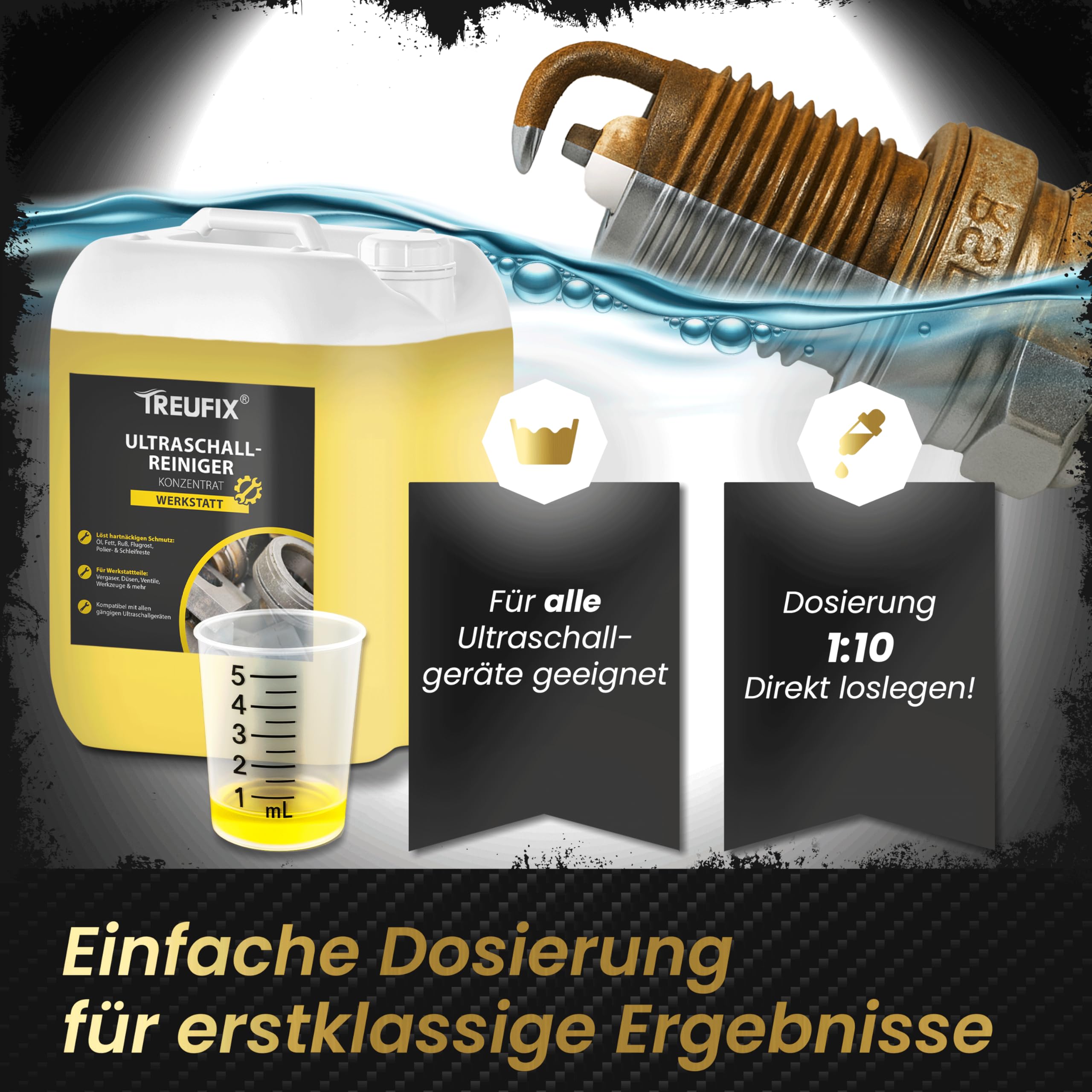 Treufix Ultraschallreiniger Konzentrat Werkstatt 5L | für Vergaser, Einspritzdüsen, Motorenteile – stark gegen Öl, Fett, Ruß – materialschonend & effektiv – Made in DE