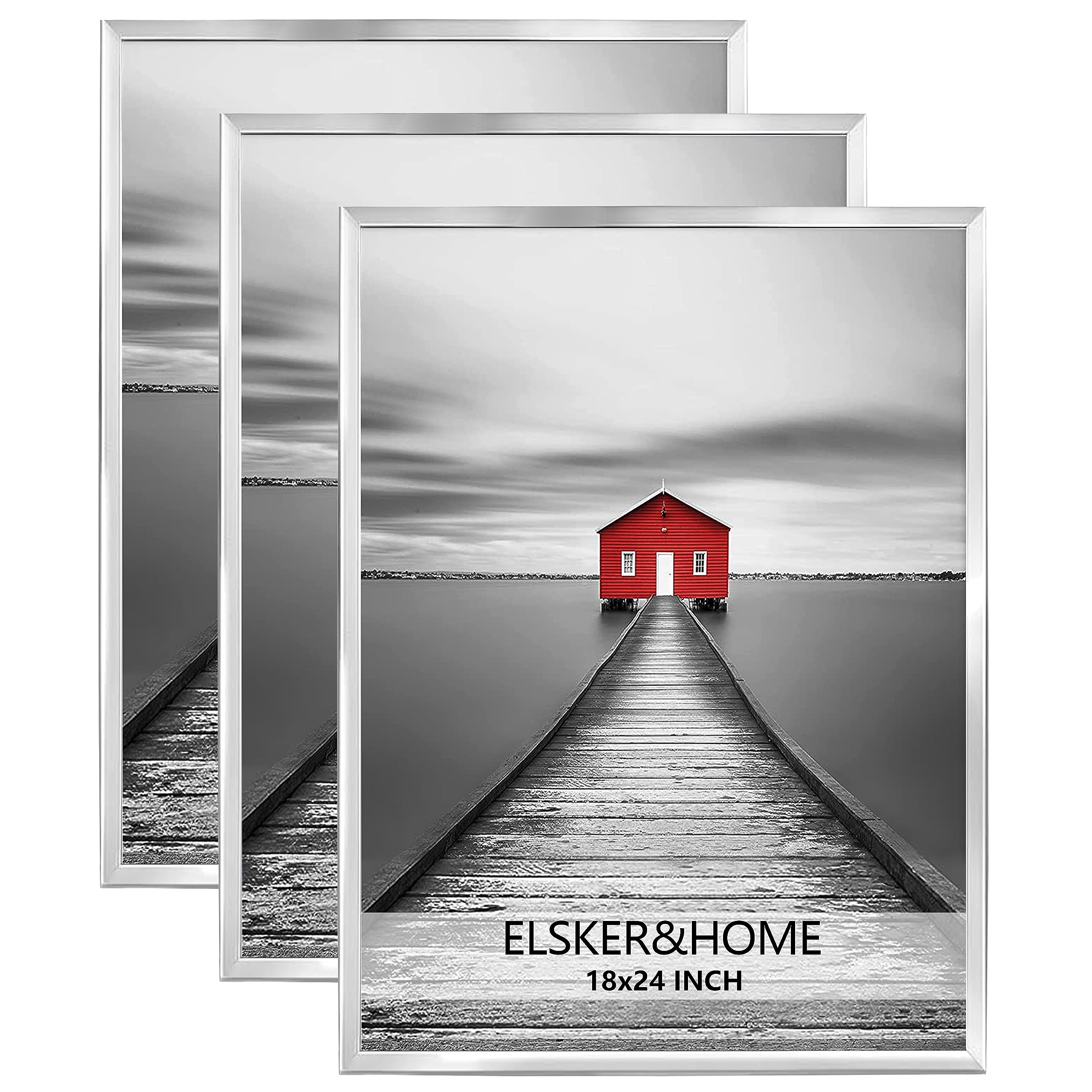 ELSKER&HOME 18x24 Poster Frame 3 Pack, Sliver Picture Frame for Horizontal or Vertical Wall Mounting, Durable and Scratch-proof