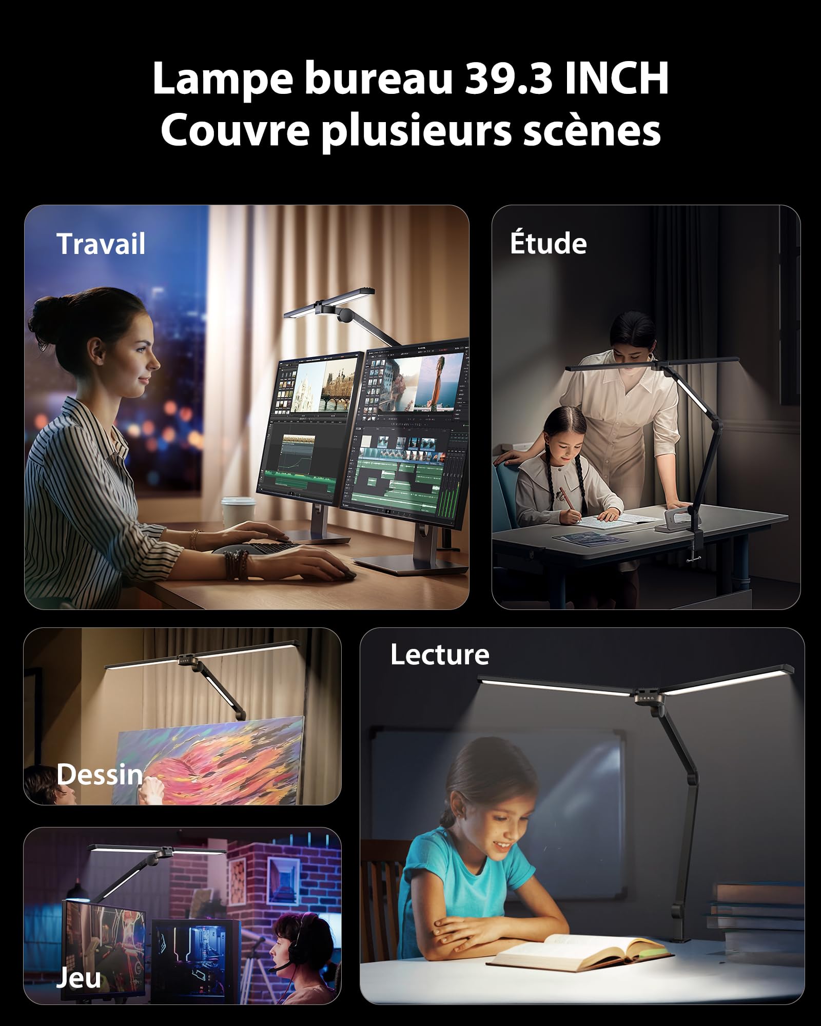 NGTeco Lampe de bureau LED 39,3" avec 3 barres lumineuses, bras articulé réglable, 24W 1500LM ultra-lumineuse, télécommande, idéale pour bureau, travail et étude