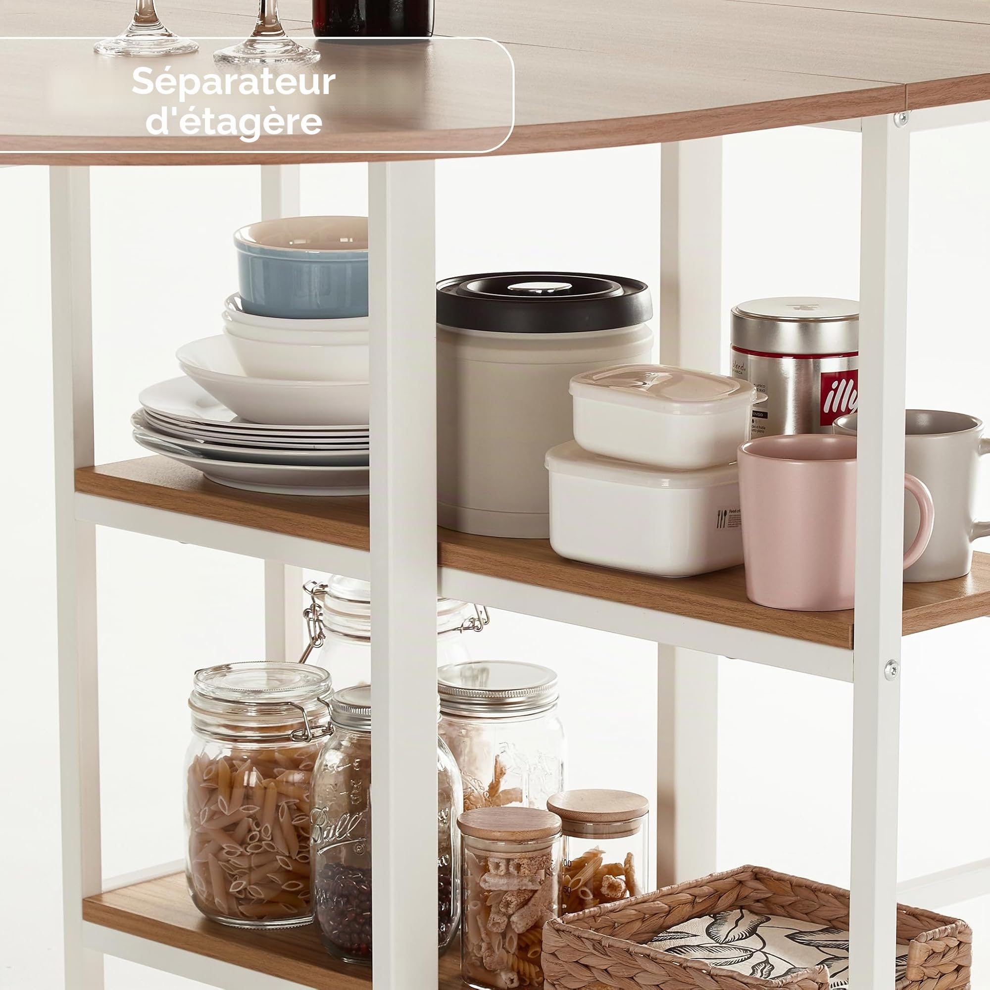 Mondeer 120cm Table à Manger Pliable,Table de Cuisine pour Petits Espaces | Ovale Table Rabattable Extensible, Etagères de Rangement,Avec Roues,2 à 4 Personnes,Moderne,Chêne et Blanc
