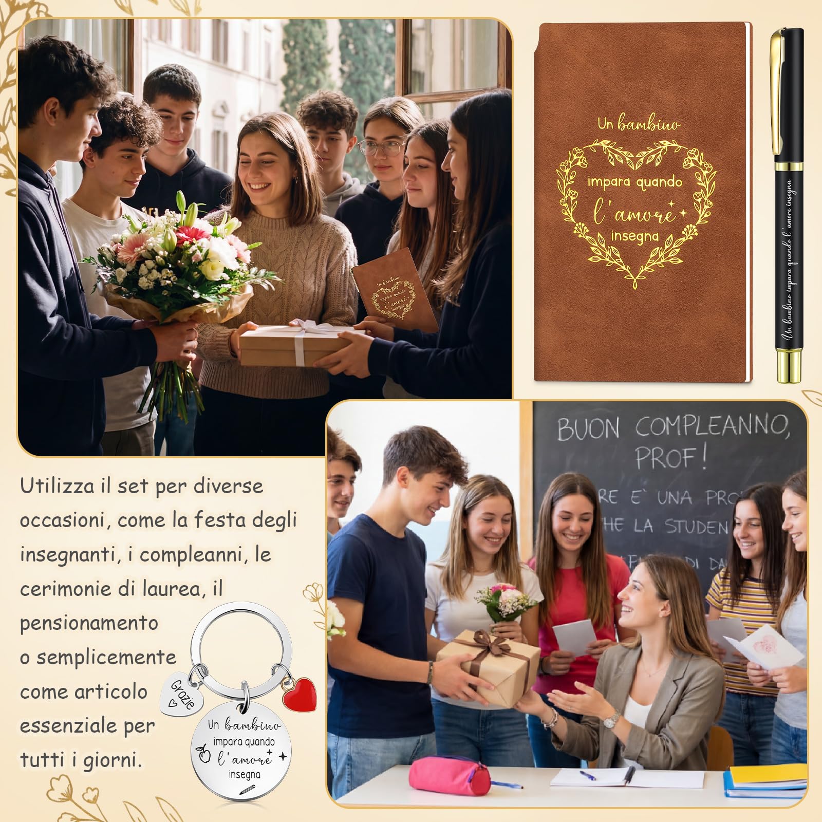 Nezyo Regali per Maestra Regali di Apprezzamento per Insegnanti Set con Quaderno in Similpelle Penna Segnalibro Portachiavi