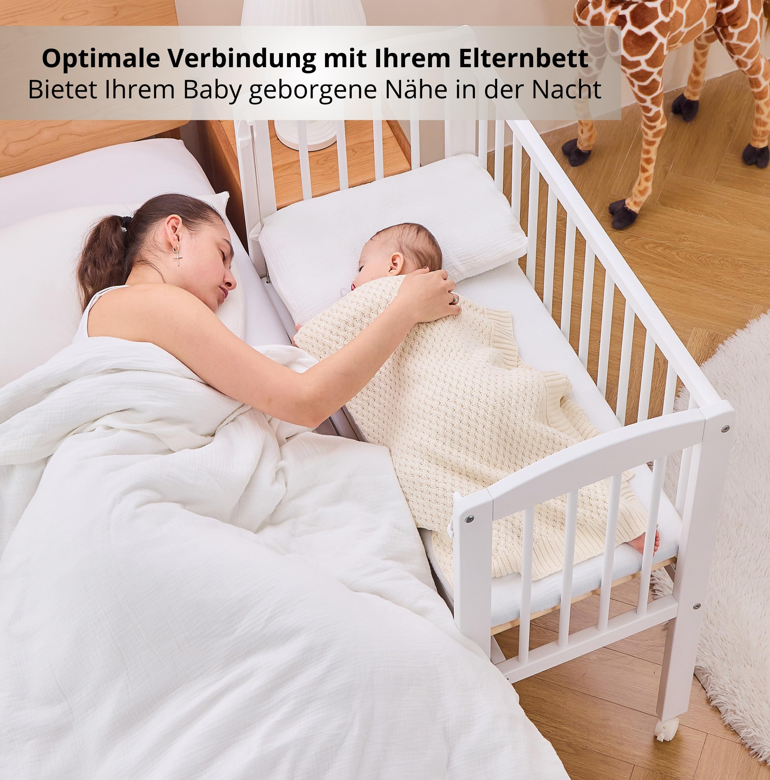 ALAVYA HOME® Beistellbett Leroy 2 in1 Babybett 6-TLG., Set Betthimmel mit 2 Bommeln + Matratze + Himmelstange aus Buchenholz (Weiß - Set mit Betthimmel Rosa)