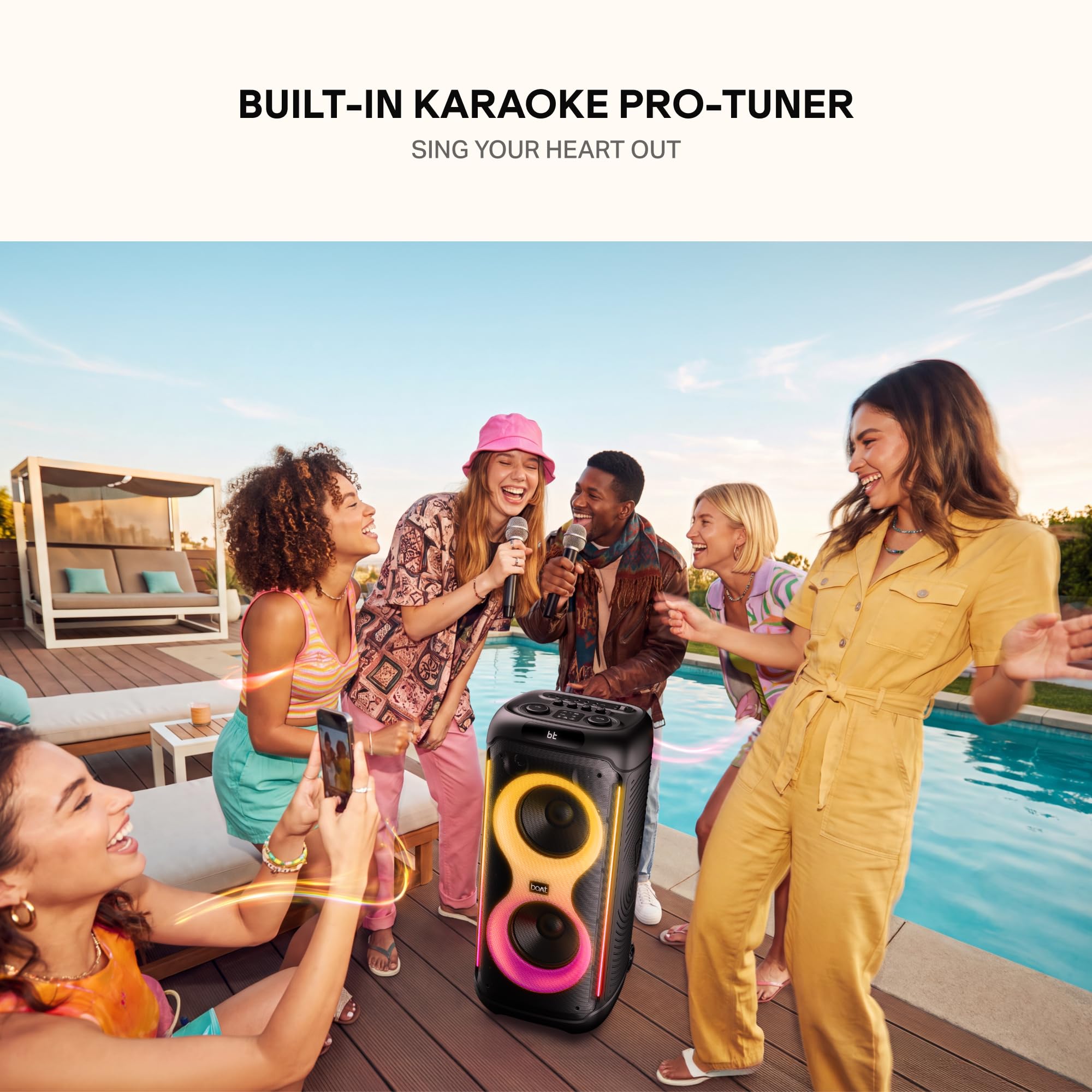 boAt 2026 Launch PartyPal 650, AI Karaoke Auto Tuner,Inbuilt DJ Tracks & Bass Drop,300W Output,2 UHF Wireless Microphones,Vibrant RGB LEDs,Wheels for Mobility Bluetooth Party Speaker (Midnight Black) — Amazon image 5