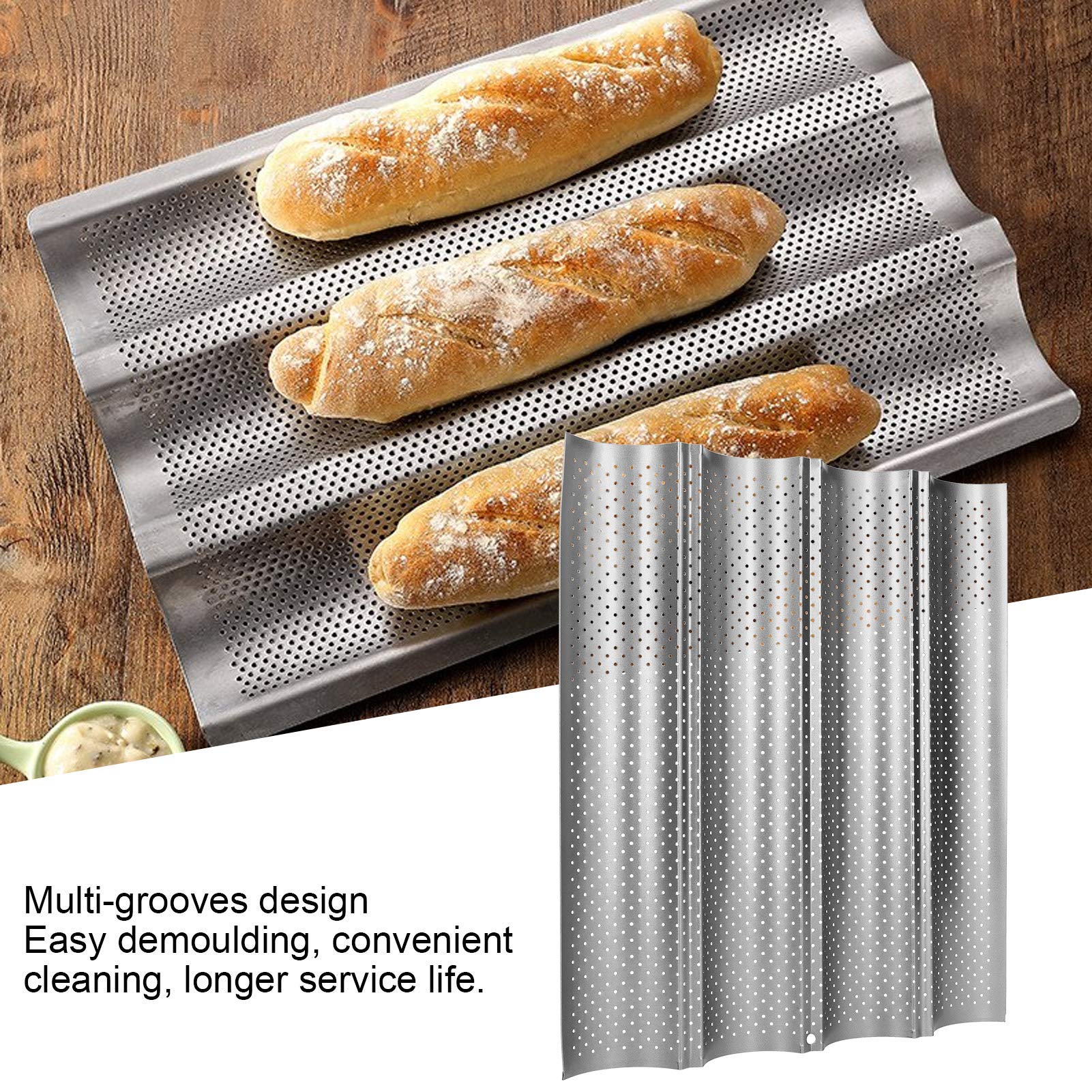 Perforated Baguette Pans, Stainless Steel Baking Tray for French Baguettes Bread Italian Bread Kitchen Accessories(4-Row)