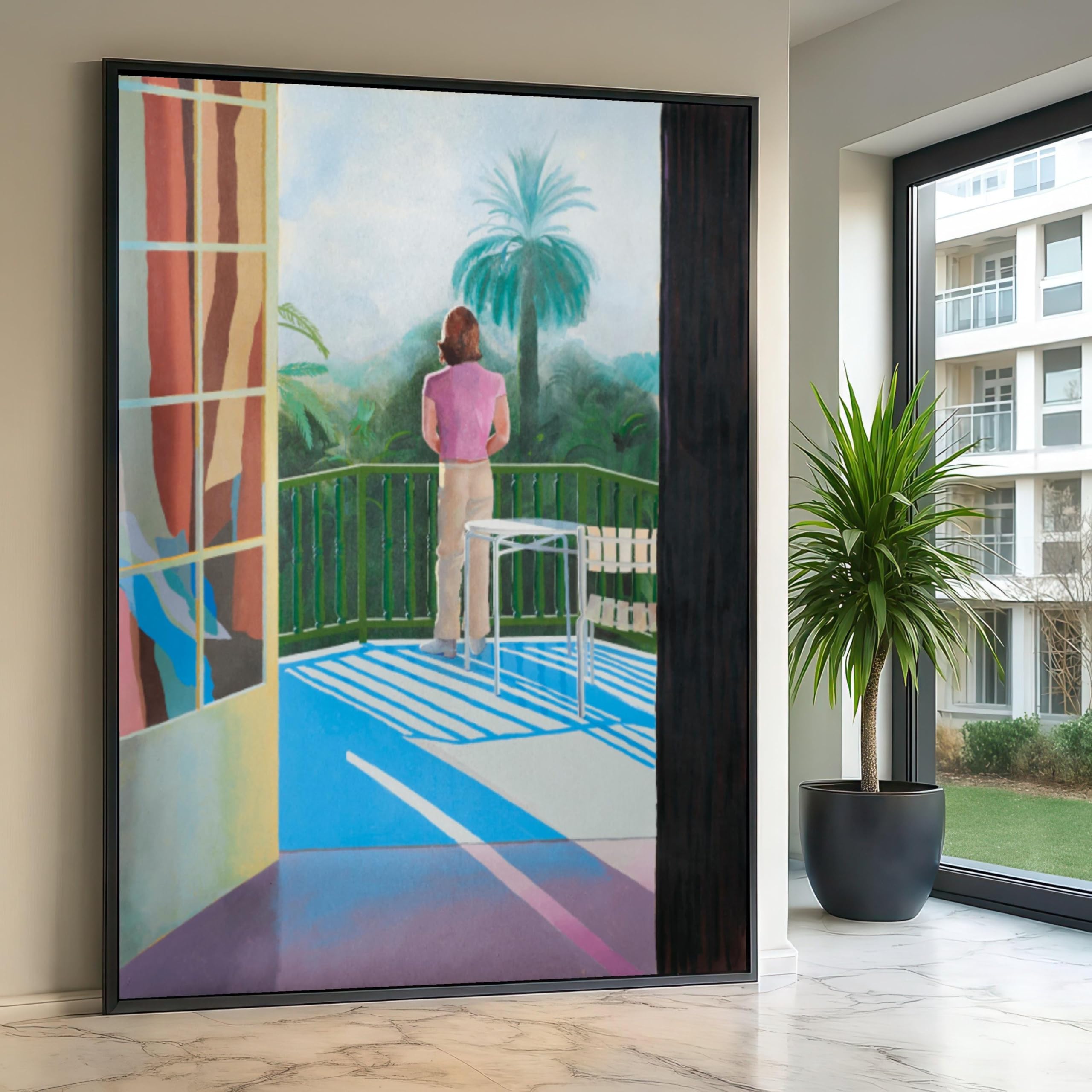 LMYCHENG David Hockney Balkonszene Poster und Drucke, Moderne figurative Wandkunst, Landschaftsgemälde auf Leinwand, Inneneinrichtung für Zuhause (70 x 100 cm/rahmenlos)