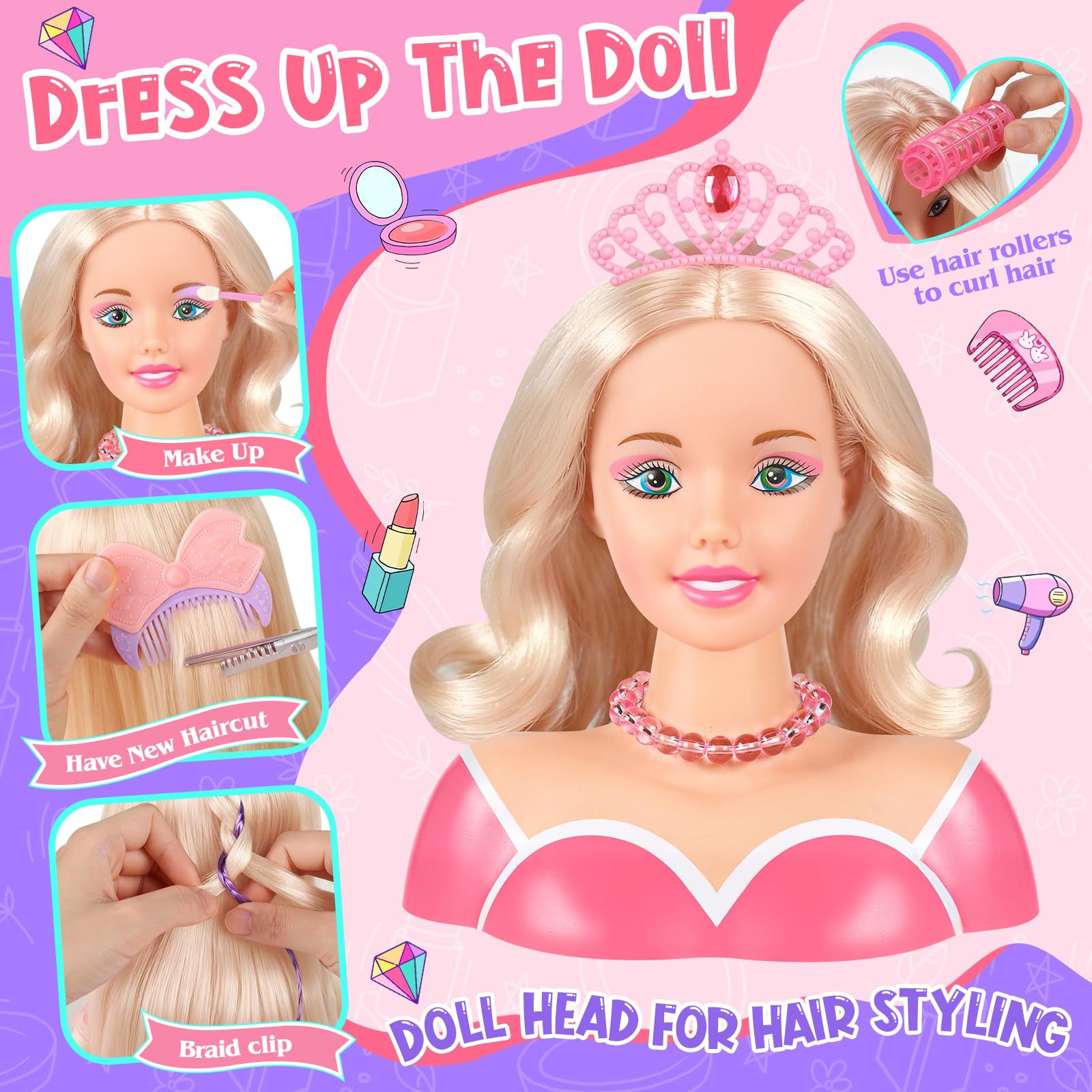 44Pcs Hair Styling Doll Head Toys for Girls, Kids Makeup Hair Salon Pretend Play Styling Kit with Hairdryer, Straightener, Beauty Hair Toy Christmas Birthday Gift for Toddler Girls 3 4 5 6+