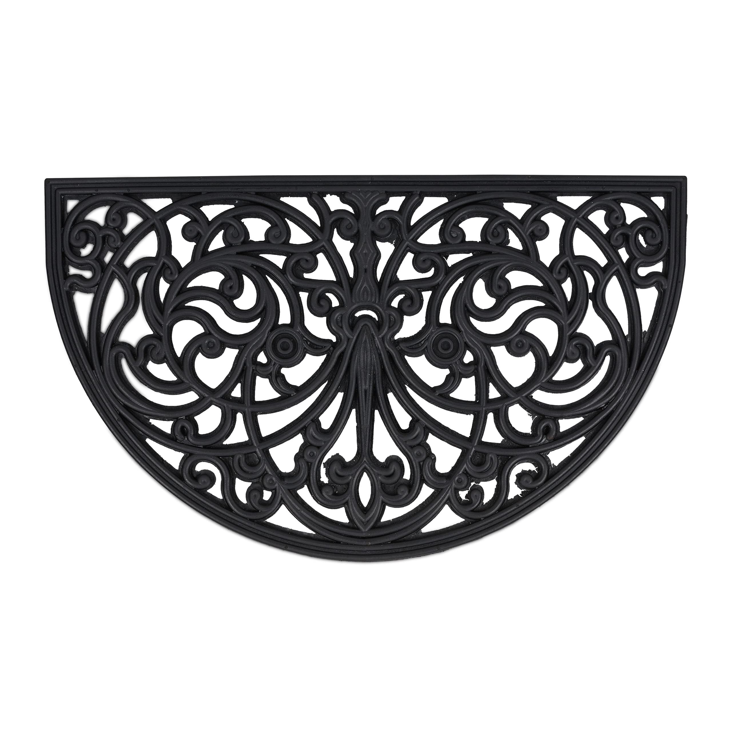 Relaxdays Zerbino con Motivo Ornamentale, 75x45 cm, Tappetino Semicerchio, in Gomma Antiscivolo, Indoor & Outdoor, Nero